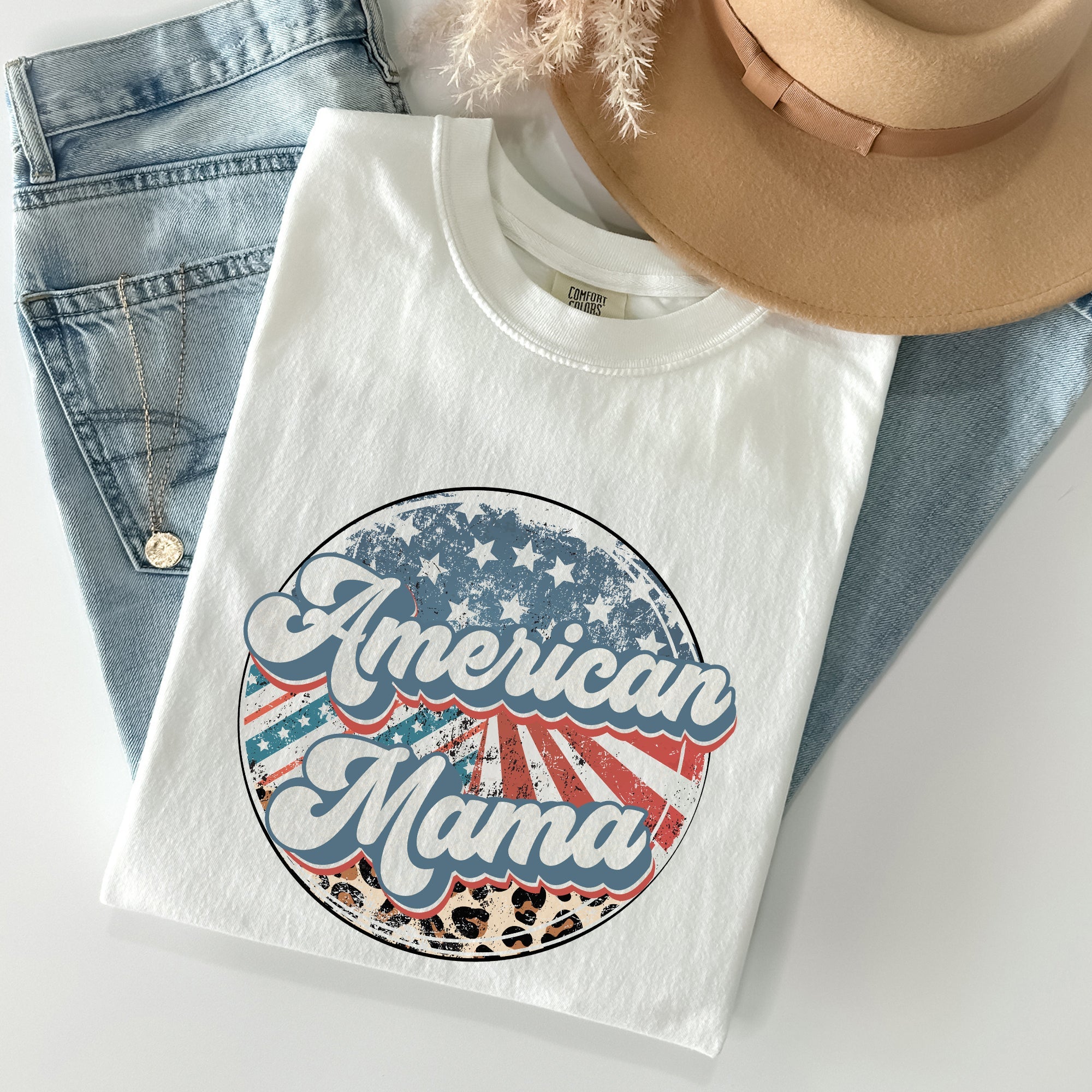 American Mama Leopard Print Patriotic 4th of July Vintage Flag Pattern Comfort Colors Tee