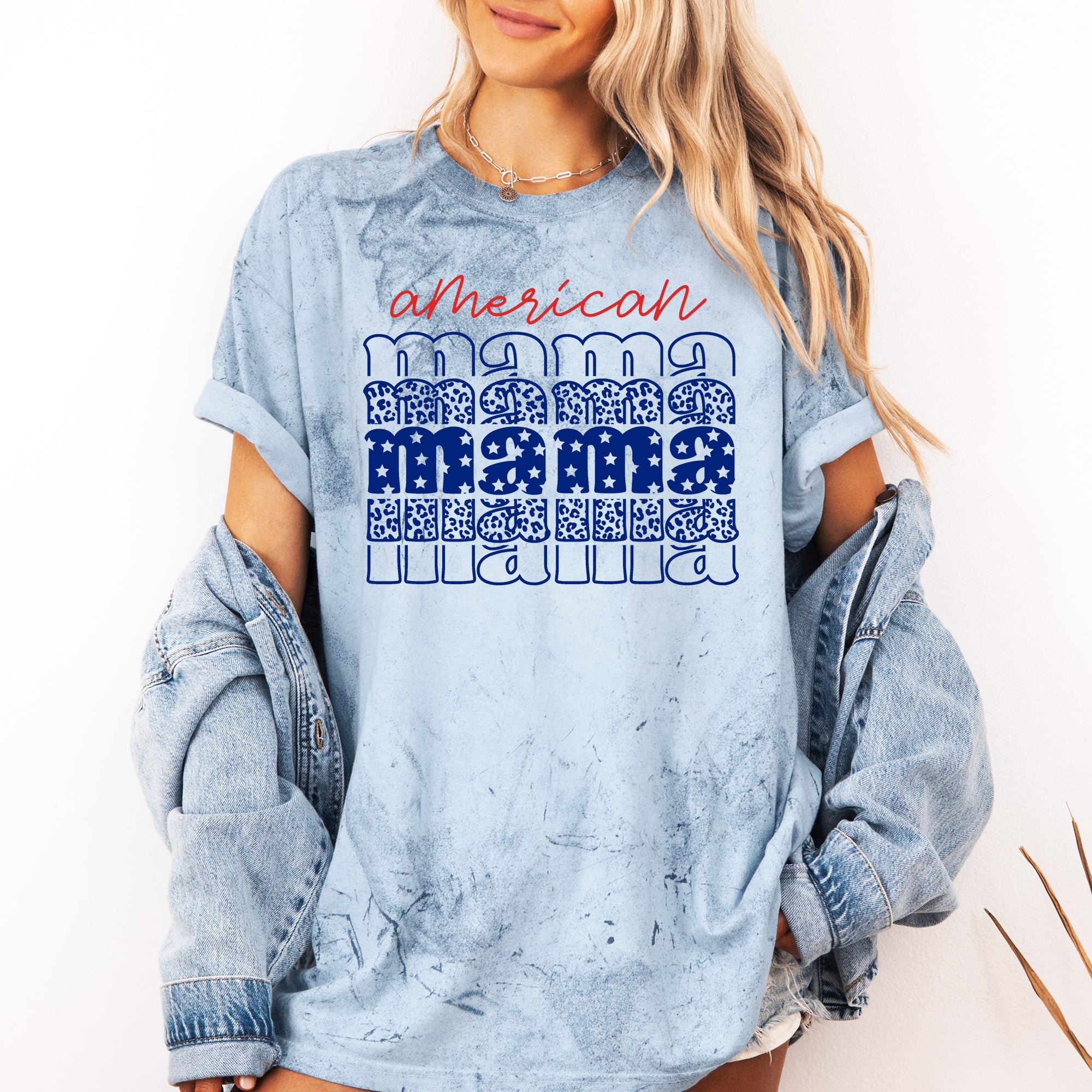 American Mama Retro Patriotic Stars Leopard Color Blast Vintage Americana Edition Comfort Colors Tee