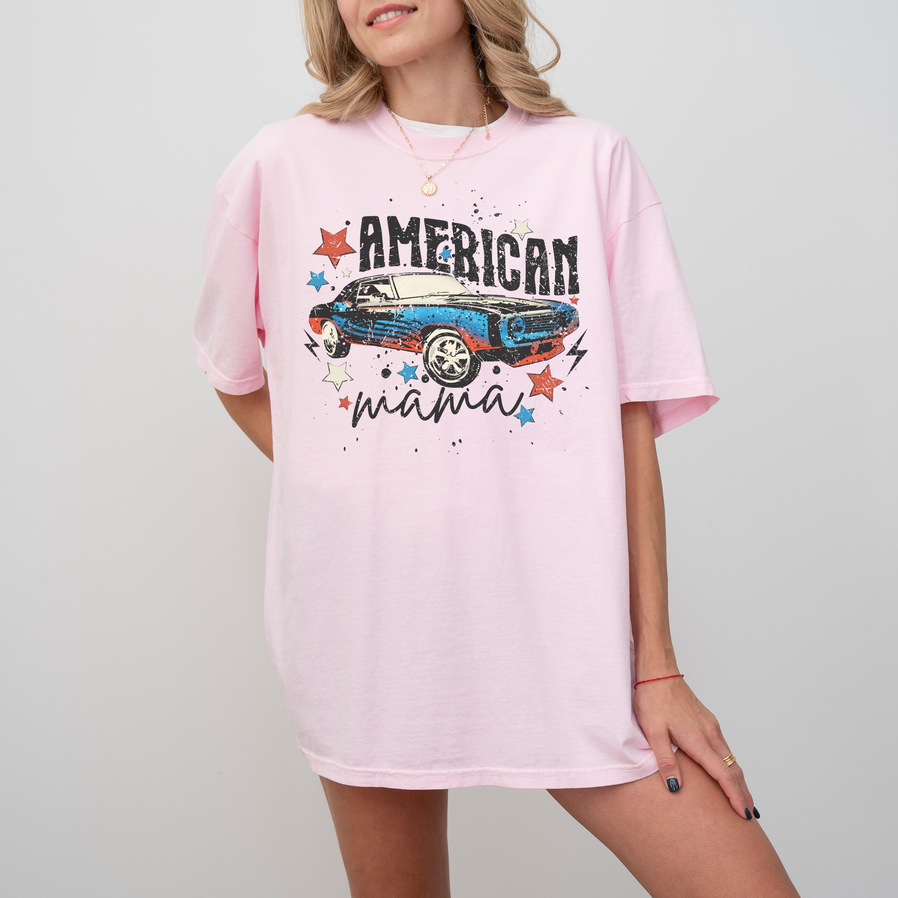 American Mama Retro Vintage Muscle Car Concert Music Patriotic USA Independence Day Comfort Colors Tee