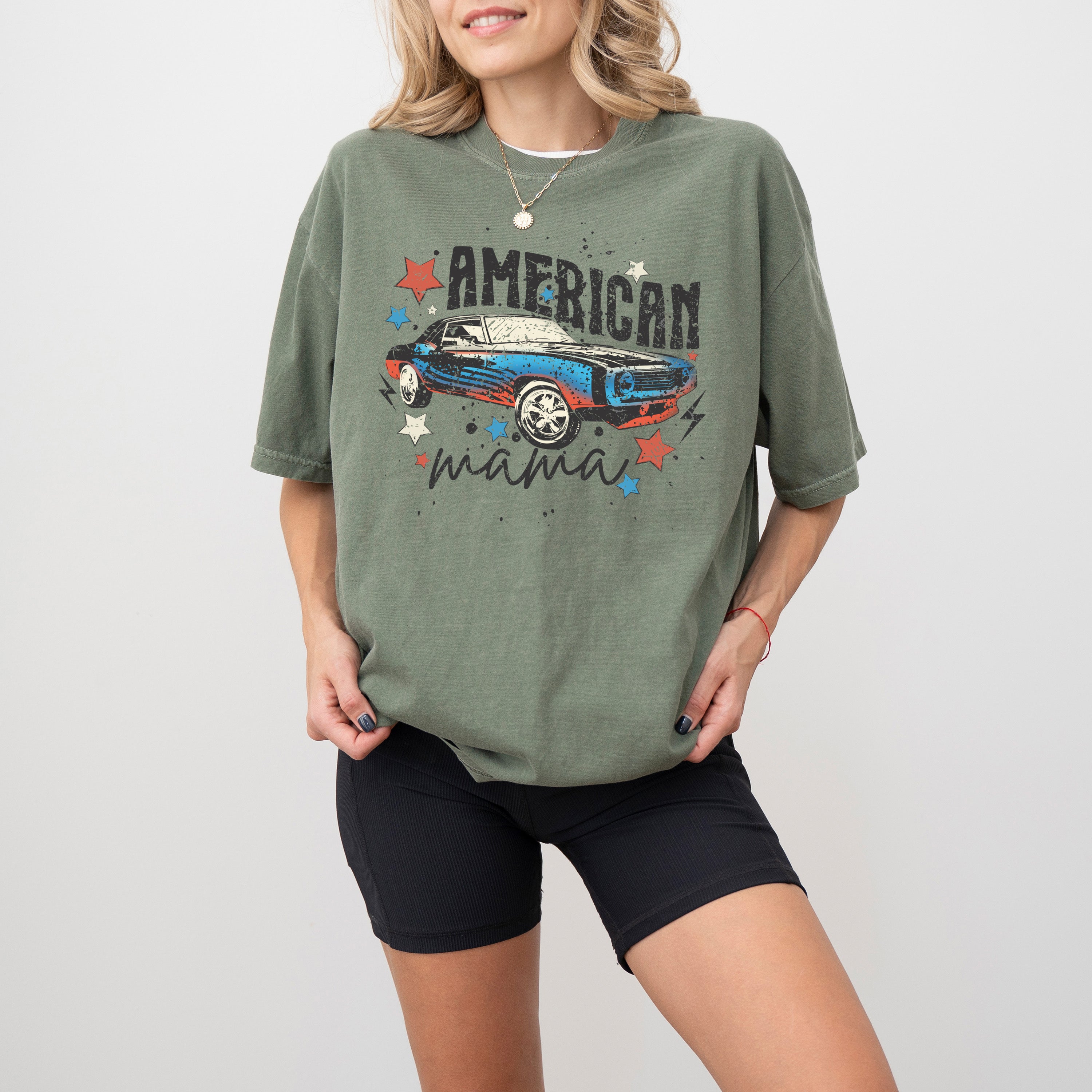 American Mama Retro Vintage Muscle Car Concert Music Patriotic USA Independence Day Comfort Colors Tee