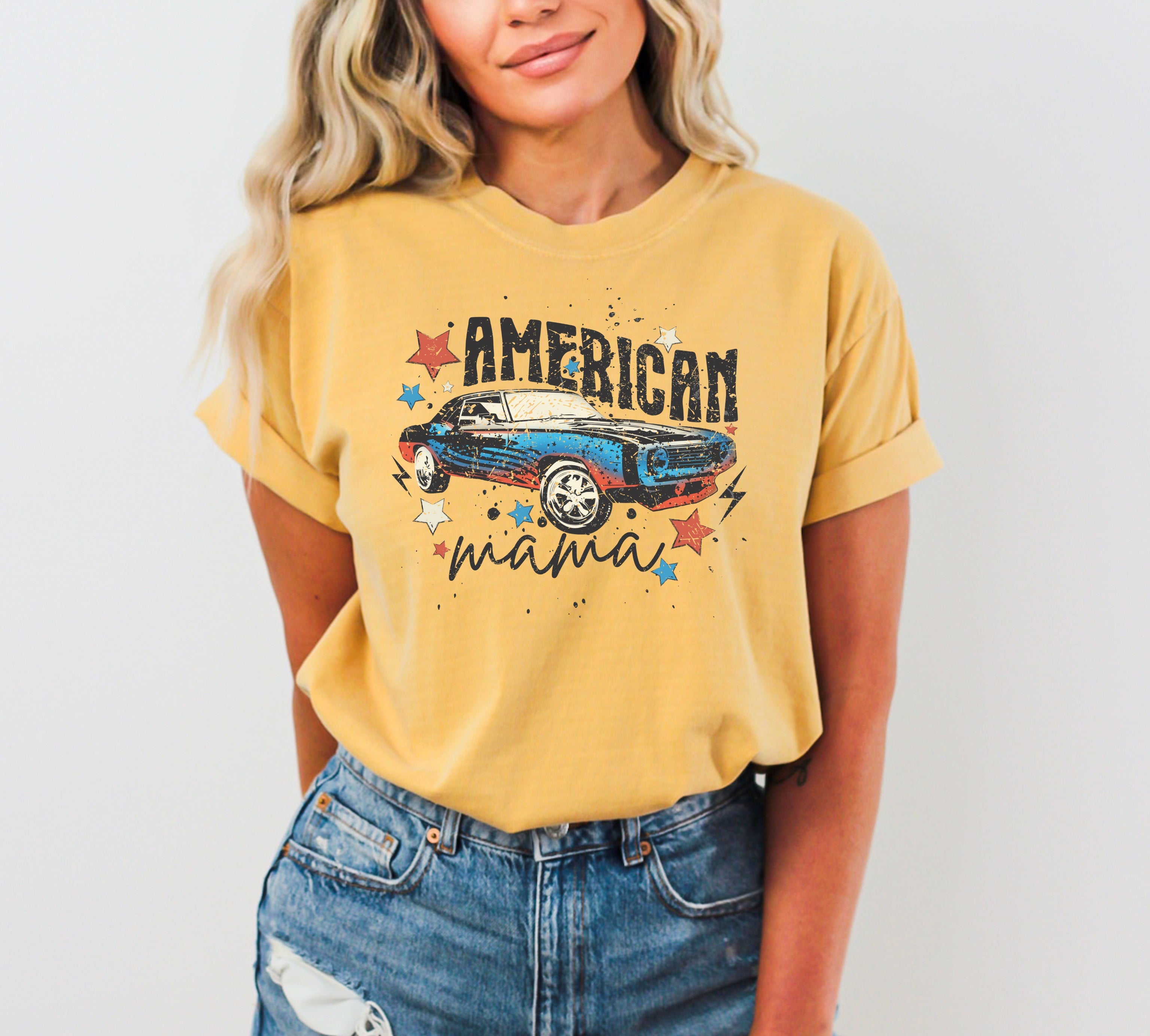 American Mama Retro Vintage Muscle Car Concert Music Patriotic USA Independence Day Comfort Colors Tee
