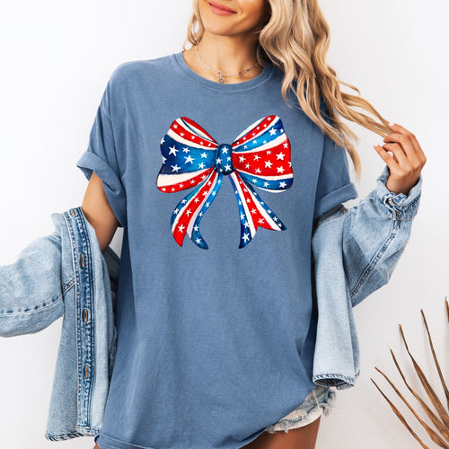 American Bow Patriotic Flag Bow Americana Pride Graphic Vintage Edition Comfort Colors Tee