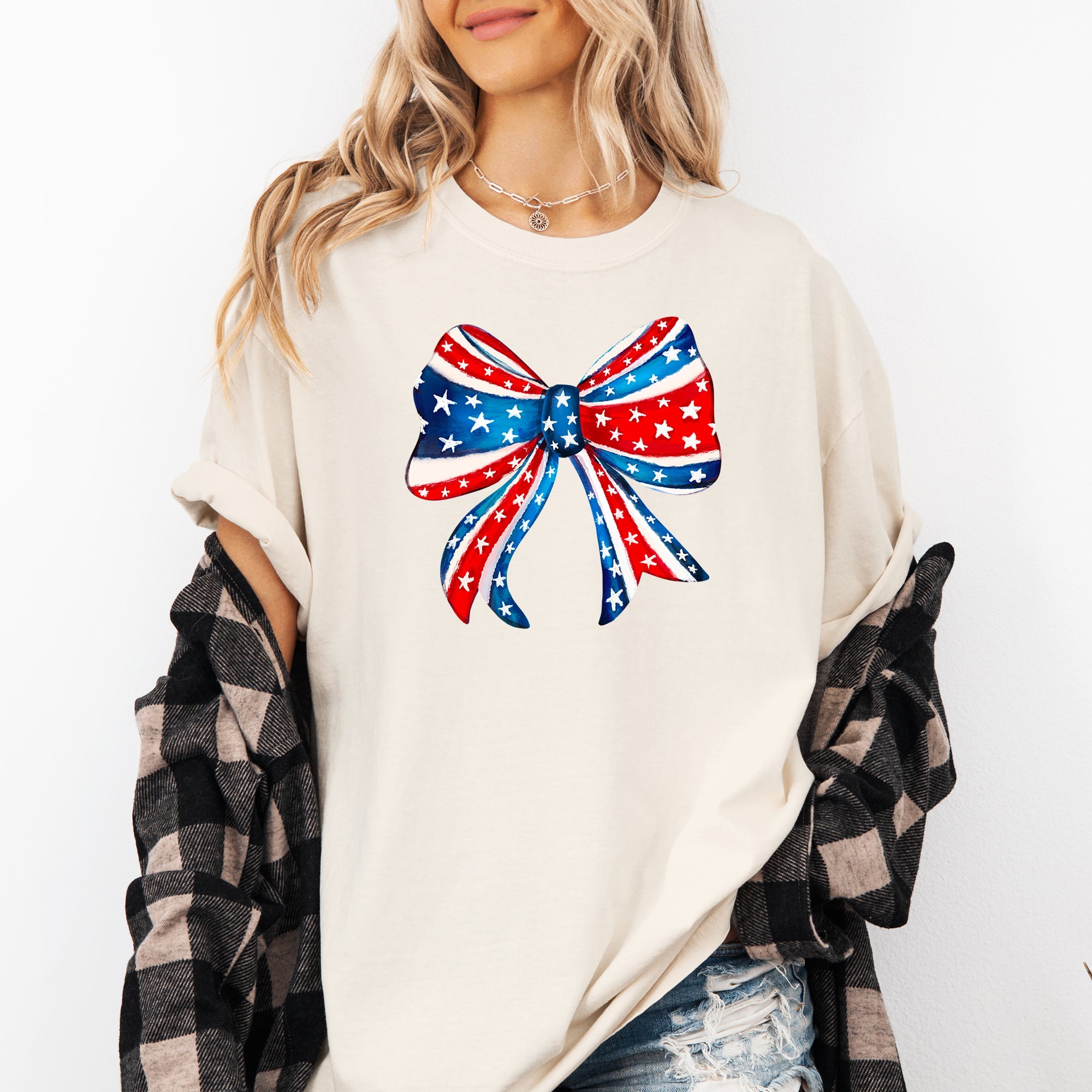 American Bow Patriotic Flag Bow Americana Pride Graphic Vintage Edition Comfort Colors Tee