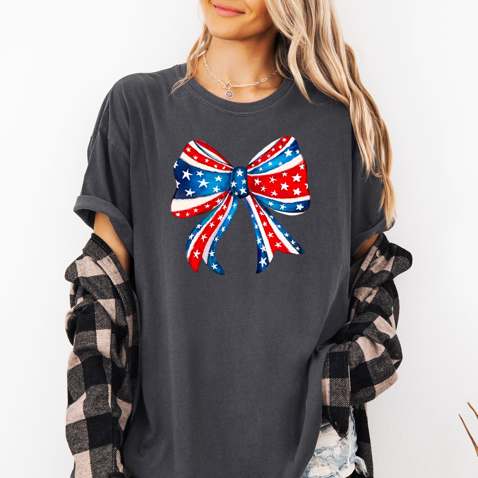 American Bow Patriotic Flag Bow Americana Pride Graphic Vintage Edition Comfort Colors Tee