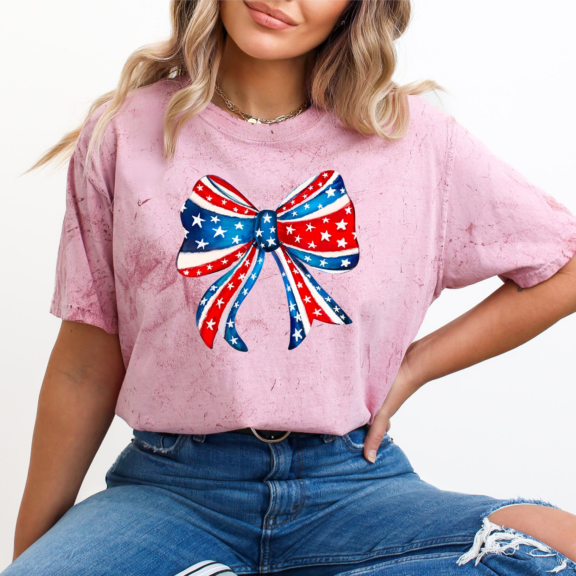 American Bow Patriotic Color Blast Vintage Inspired 4th Of July Americana Stars Stripes Flag Design Comfort Colors Tee