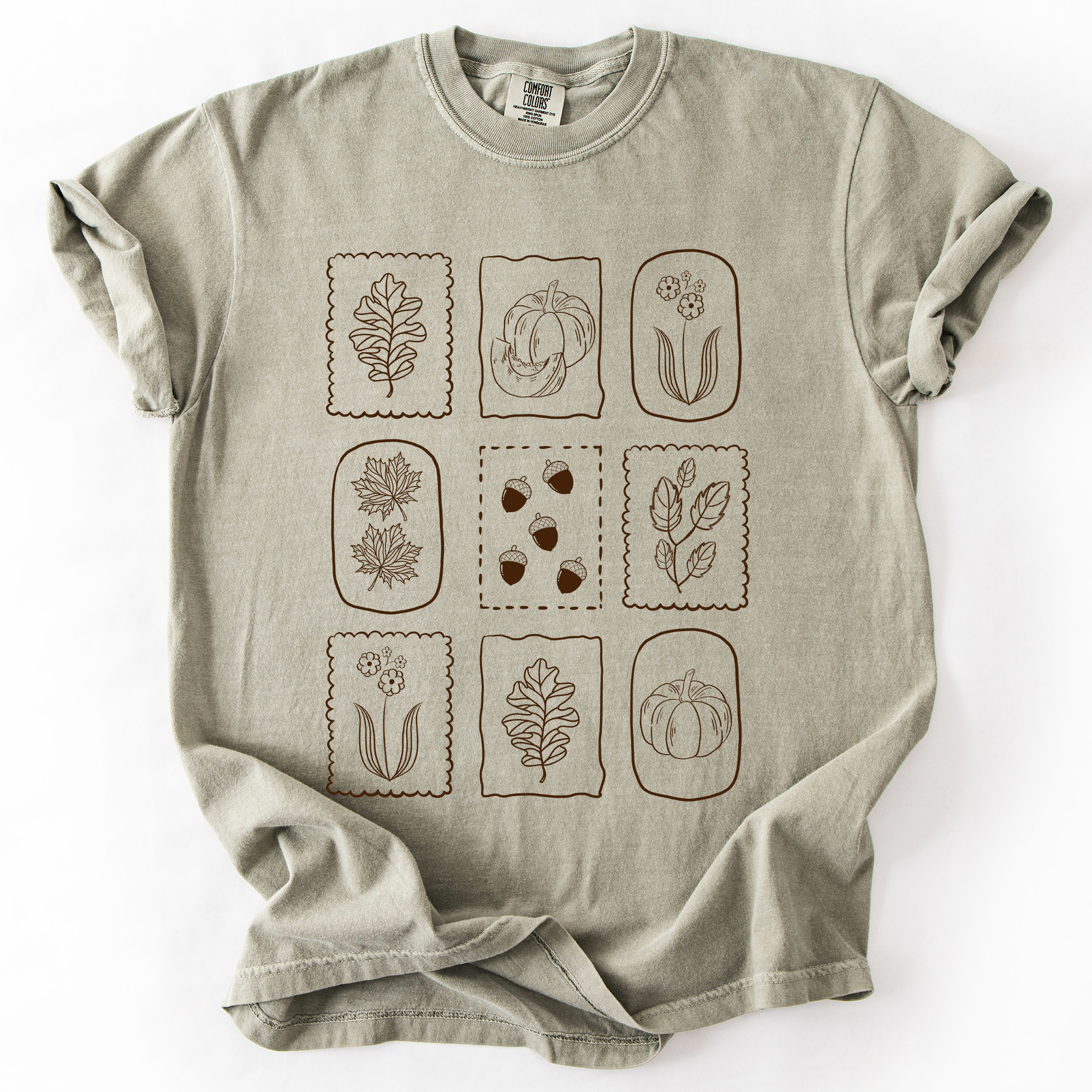 Autumn Flowers Minimalist Boho Fall Bouquet With Blue Wildflowers Sunflowers And Pumpkin Accents Comfort Colors Tee