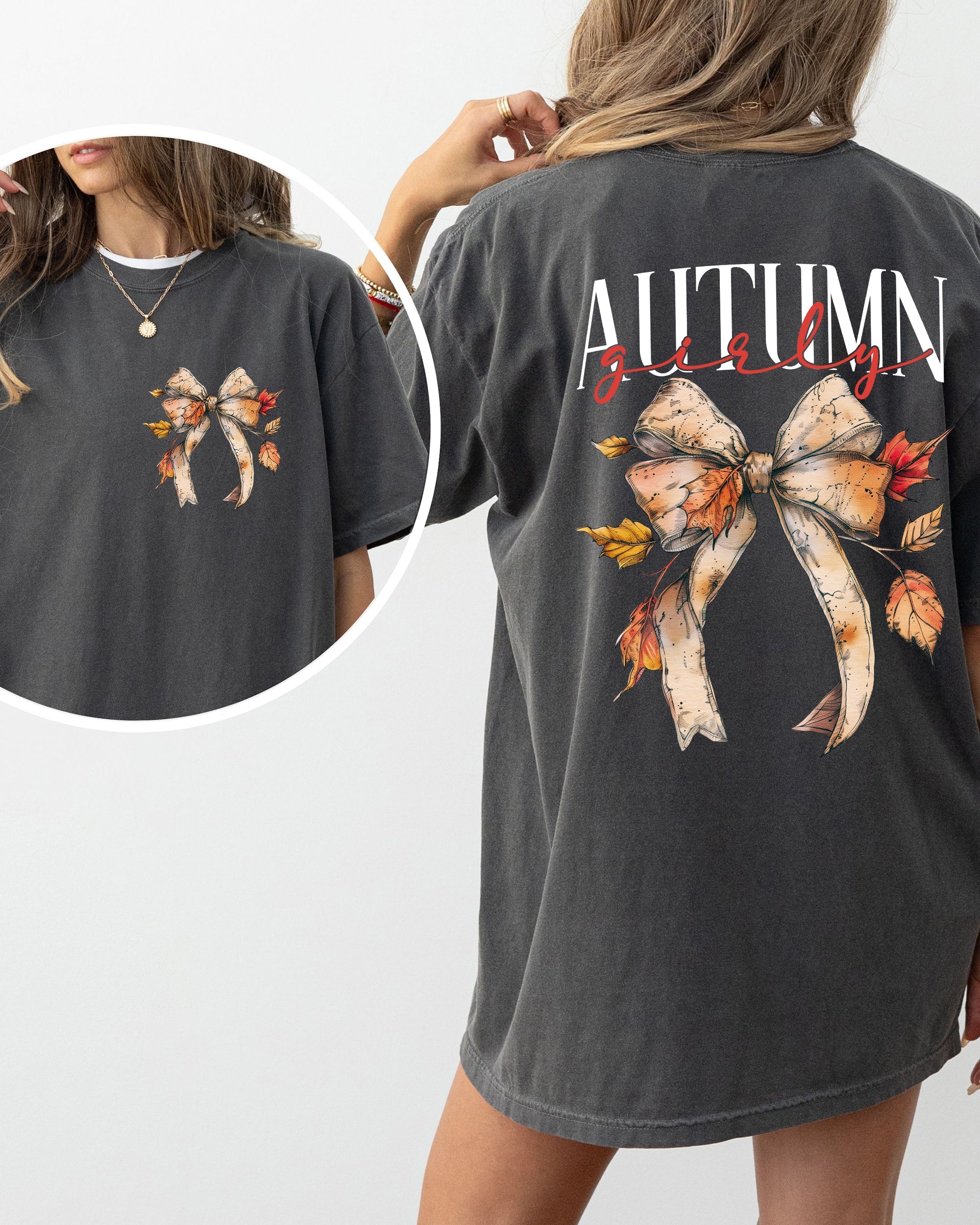 Autumn Girly Fall Leaves Foliage Pumpkin Spice Latte Coffee Thanksgiving Comfort Colors Tee