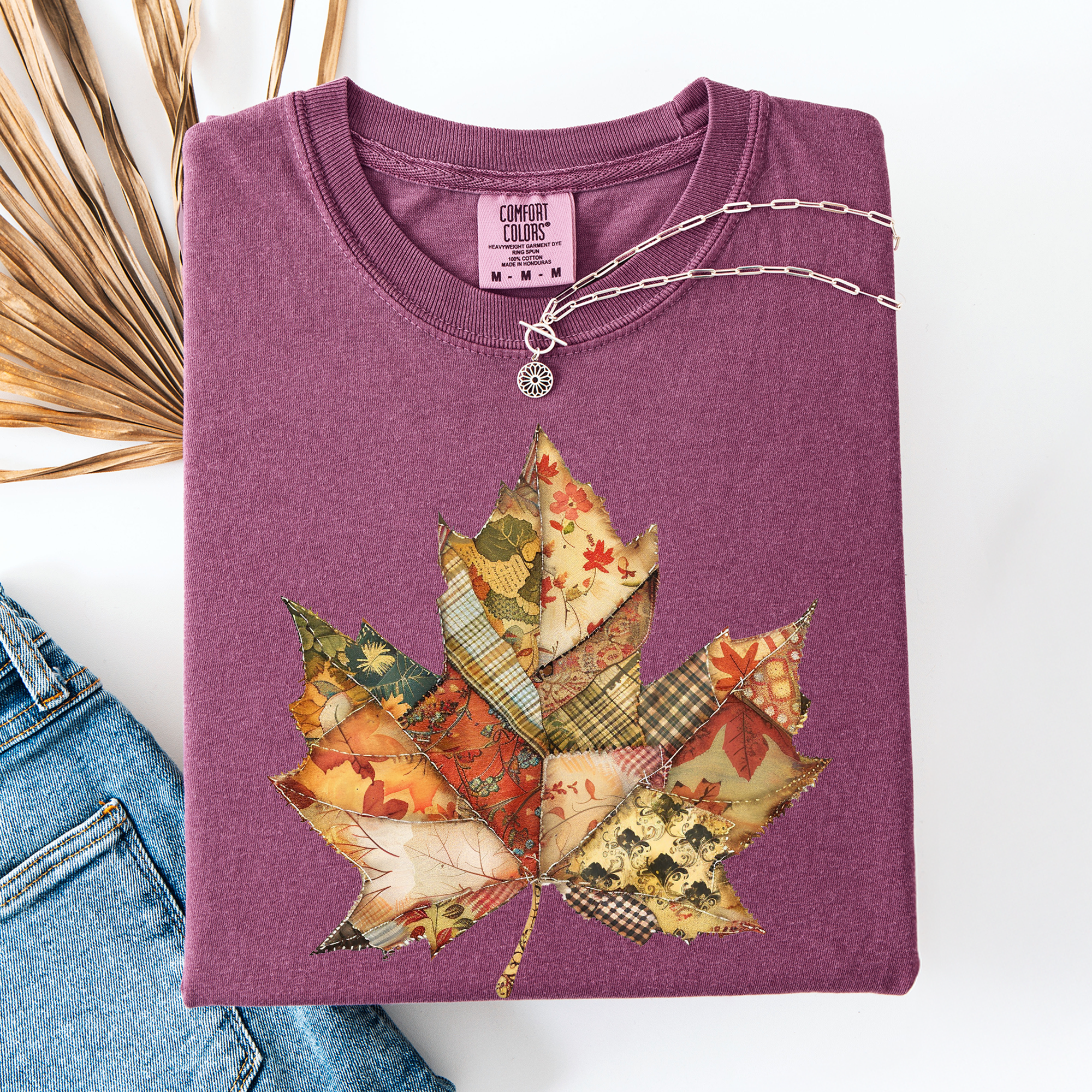 Autumn Leaf Faux Quilt Leaves Vintage Boho Floral Design With Sunflower Accents Comfort Colors Tee