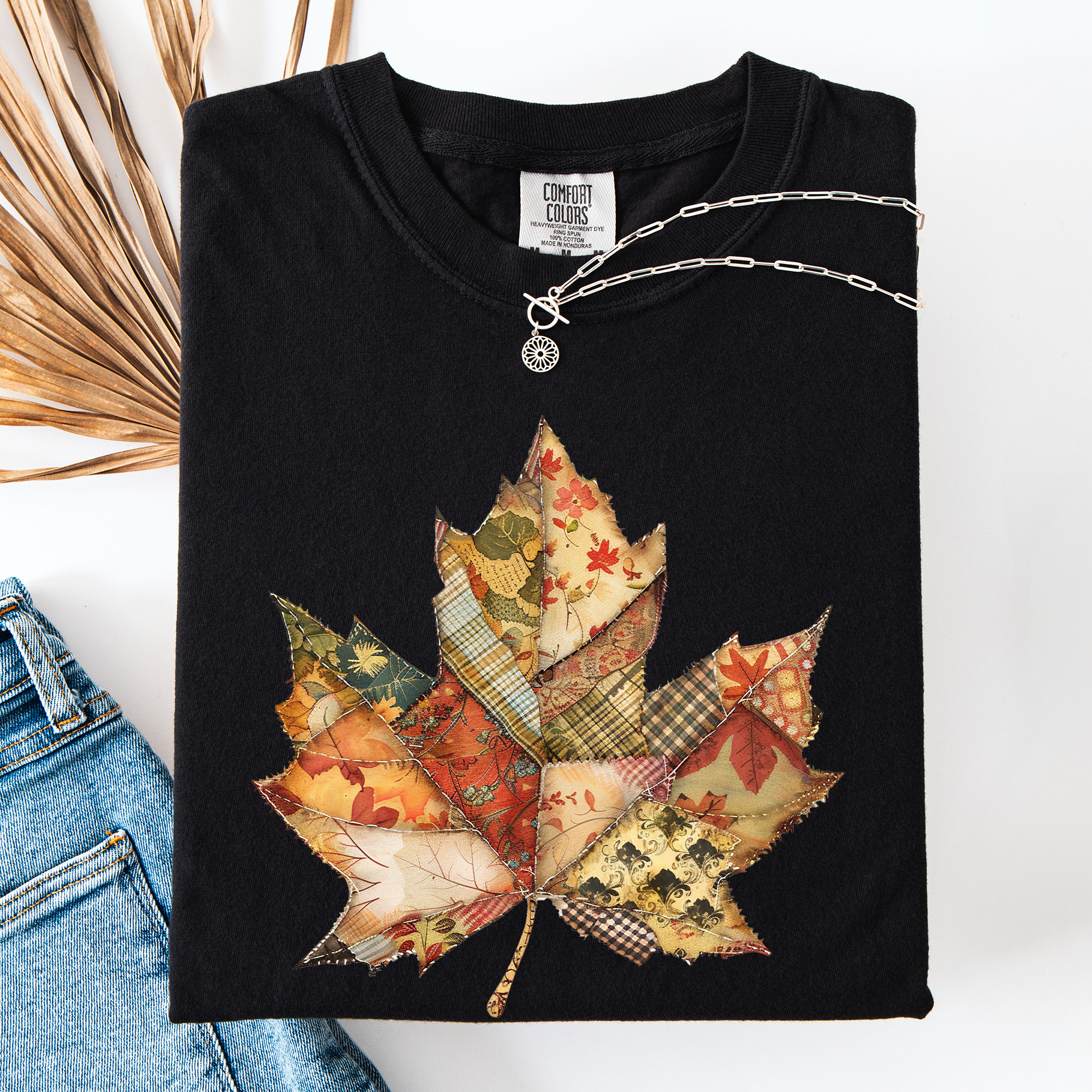 Autumn Leaf Faux Quilt Leaves Vintage Boho Floral Design With Sunflower Accents Comfort Colors Tee