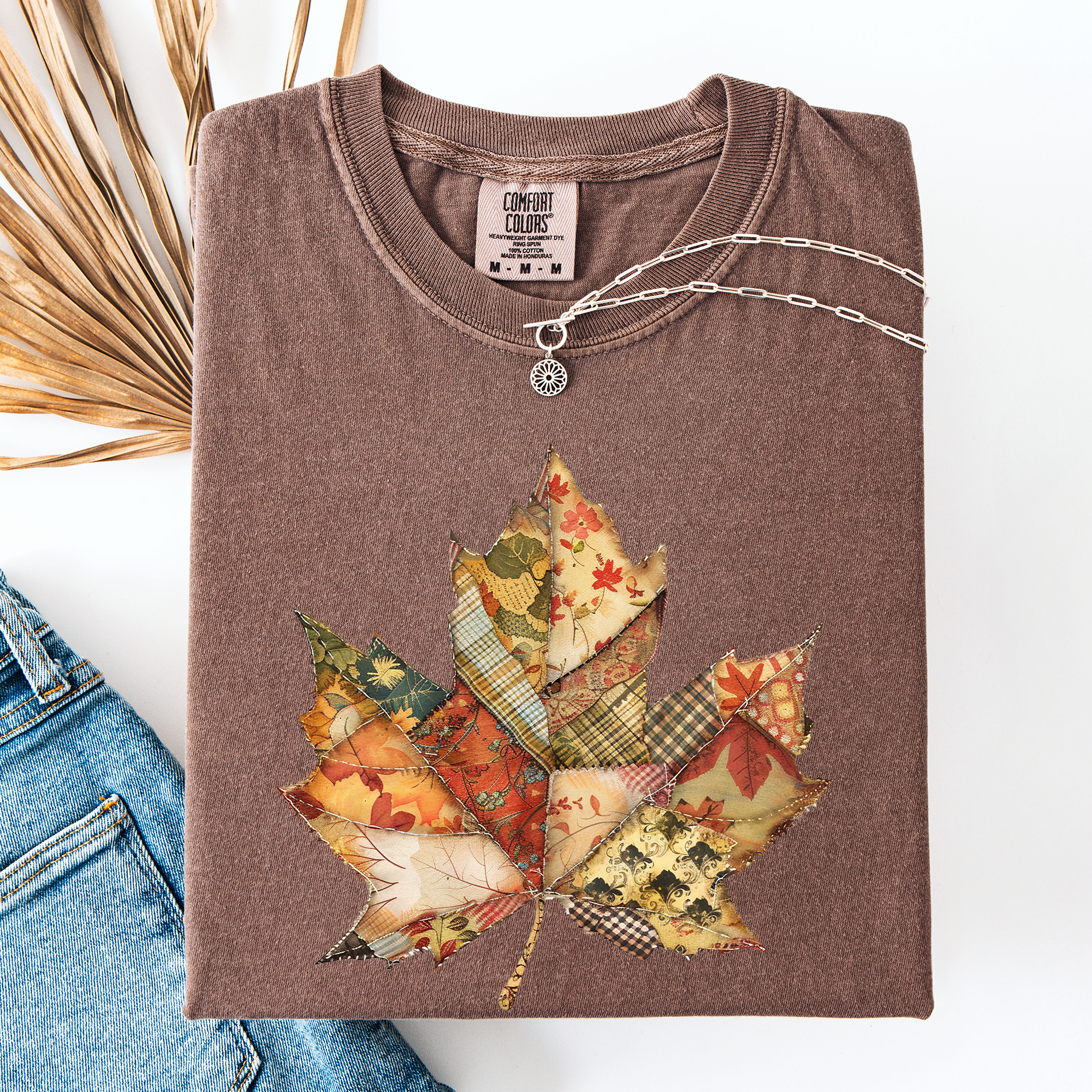 Autumn Leaf Faux Quilt Leaves Vintage Boho Floral Design With Sunflower Accents Comfort Colors Tee