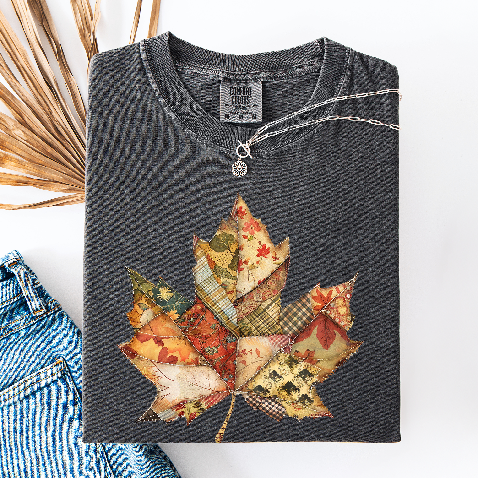 Autumn Leaf Faux Quilt Leaves Vintage Boho Floral Design With Sunflower Accents Comfort Colors Tee