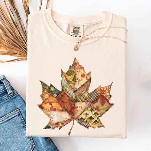 Autumn Leaf Faux Quilt Leaves Vintage Boho Floral Design With Sunflower Accents Comfort Colors Tee