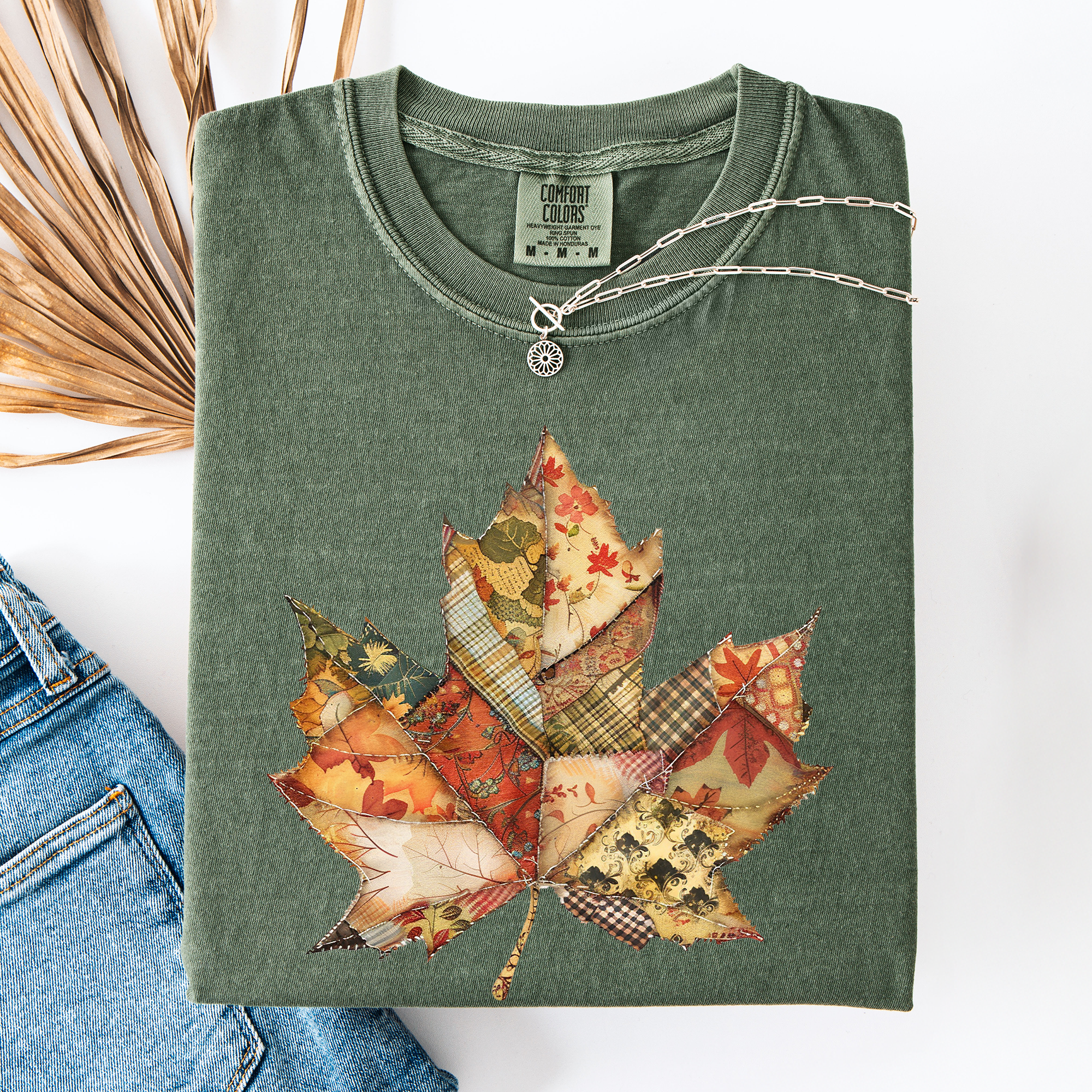 Autumn Leaf Faux Quilt Leaves Vintage Boho Floral Design With Sunflower Accents Comfort Colors Tee