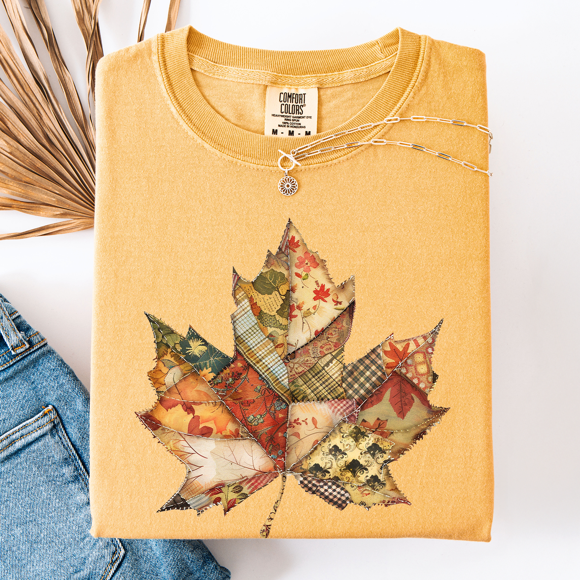 Autumn Leaf Faux Quilt Leaves Vintage Boho Floral Design With Sunflower Accents Comfort Colors Tee