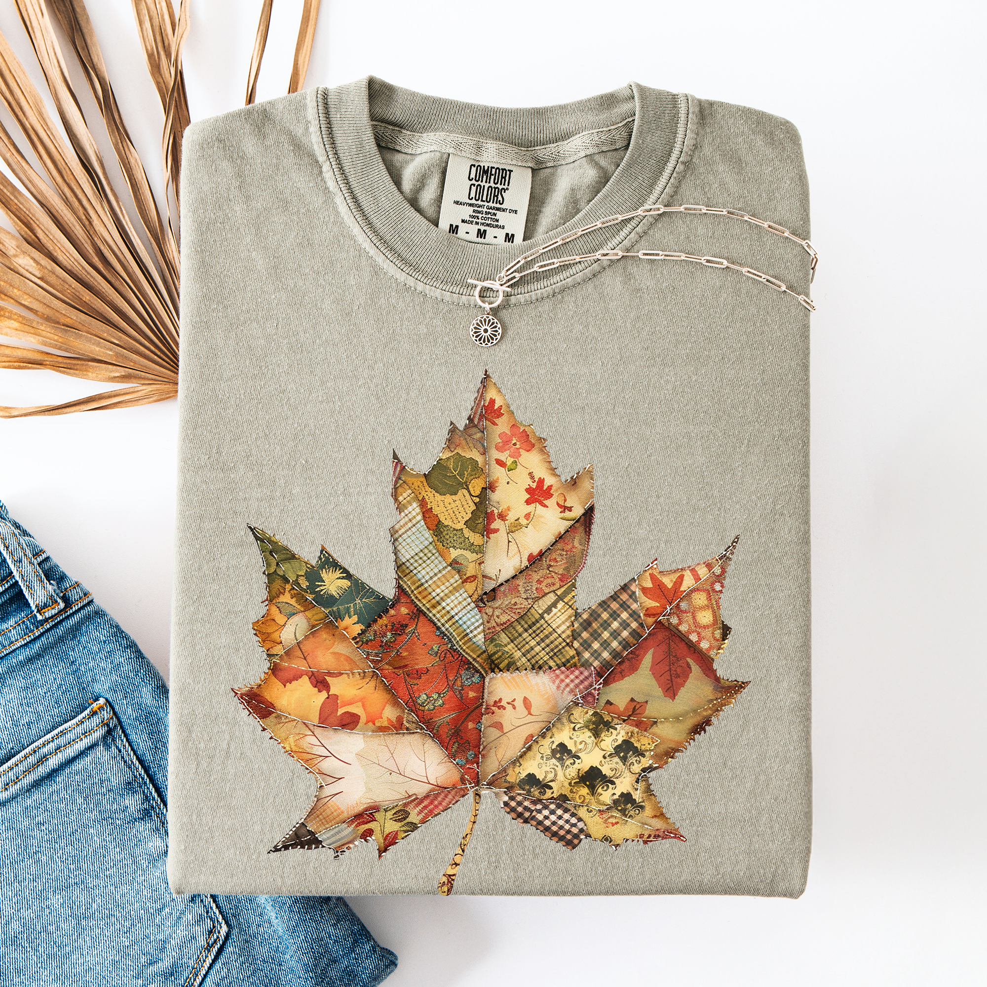 Autumn Leaf Faux Quilt Leaves Vintage Boho Floral Design With Sunflower Accents Comfort Colors Tee