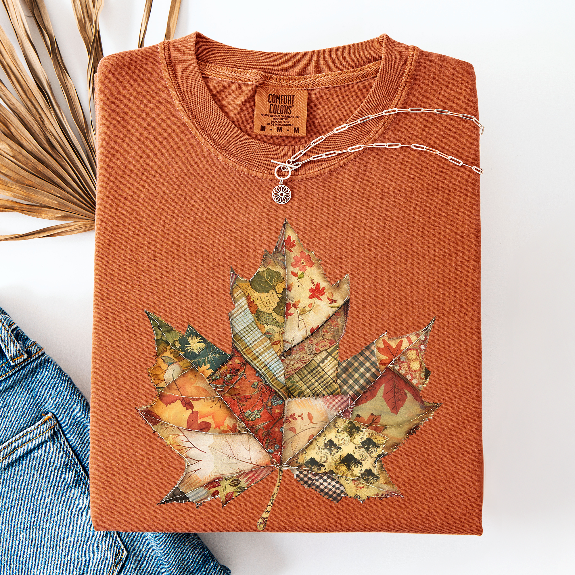 Autumn Leaf Faux Quilt Leaves Vintage Boho Floral Design With Sunflower Accents Comfort Colors Tee