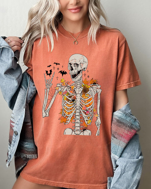 Autumn Skeleton Funny Bats Halloween Fall Night Sky Spooky Vintage Aesthetic Comfort Colors Tee