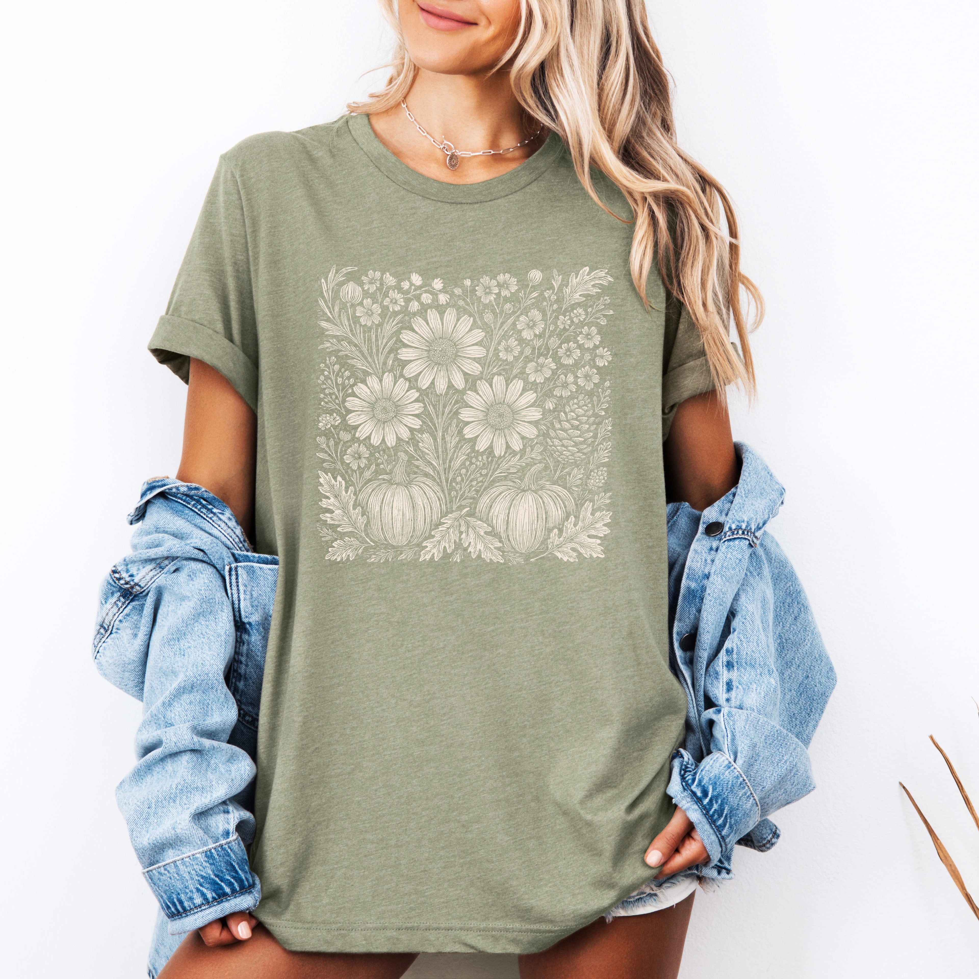 Autumn Wildflowers Minimalist Pumpkin Scene With Blossoms And Harvest Hues Graphic Tee