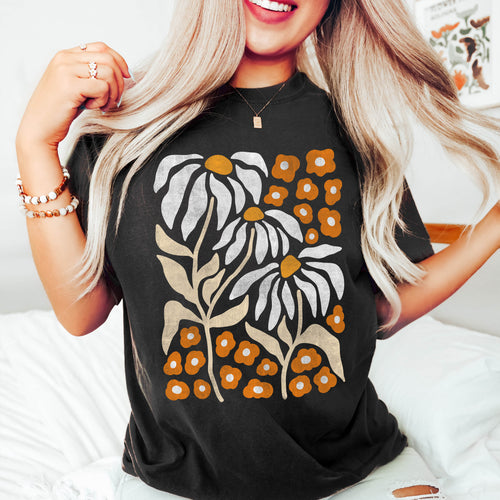 Boho Botanical Daisy Art Nouveau Floral Vintage Style Garden Print Comfort Colors Tee