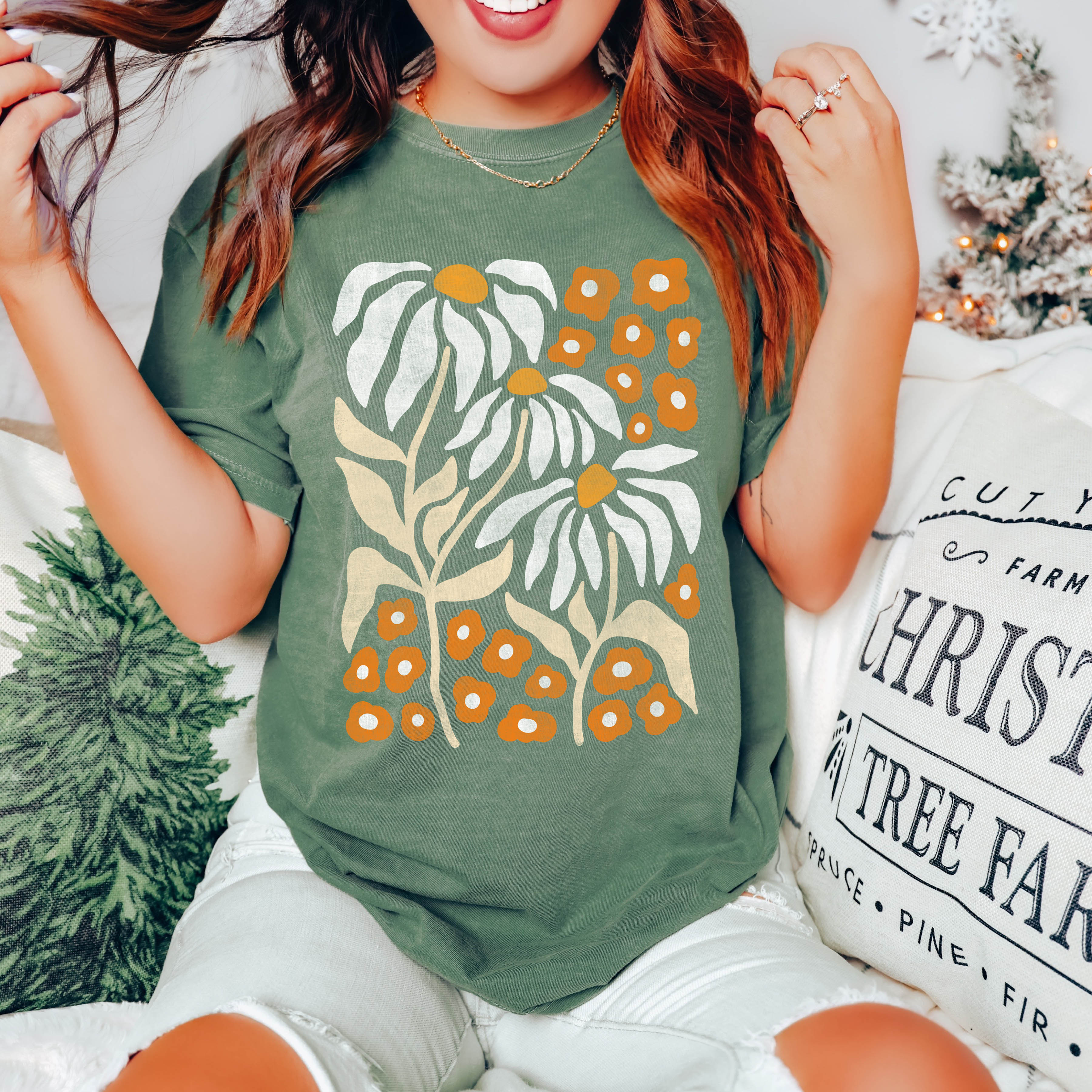Boho Botanical Daisy Art Nouveau Floral Vintage Style Garden Print Comfort Colors Tee