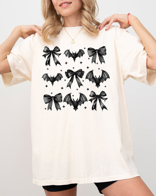 Bats and Black Bows Vampire Coquette Gothic Ribbons Lace Fangs Comfort Colors Tee