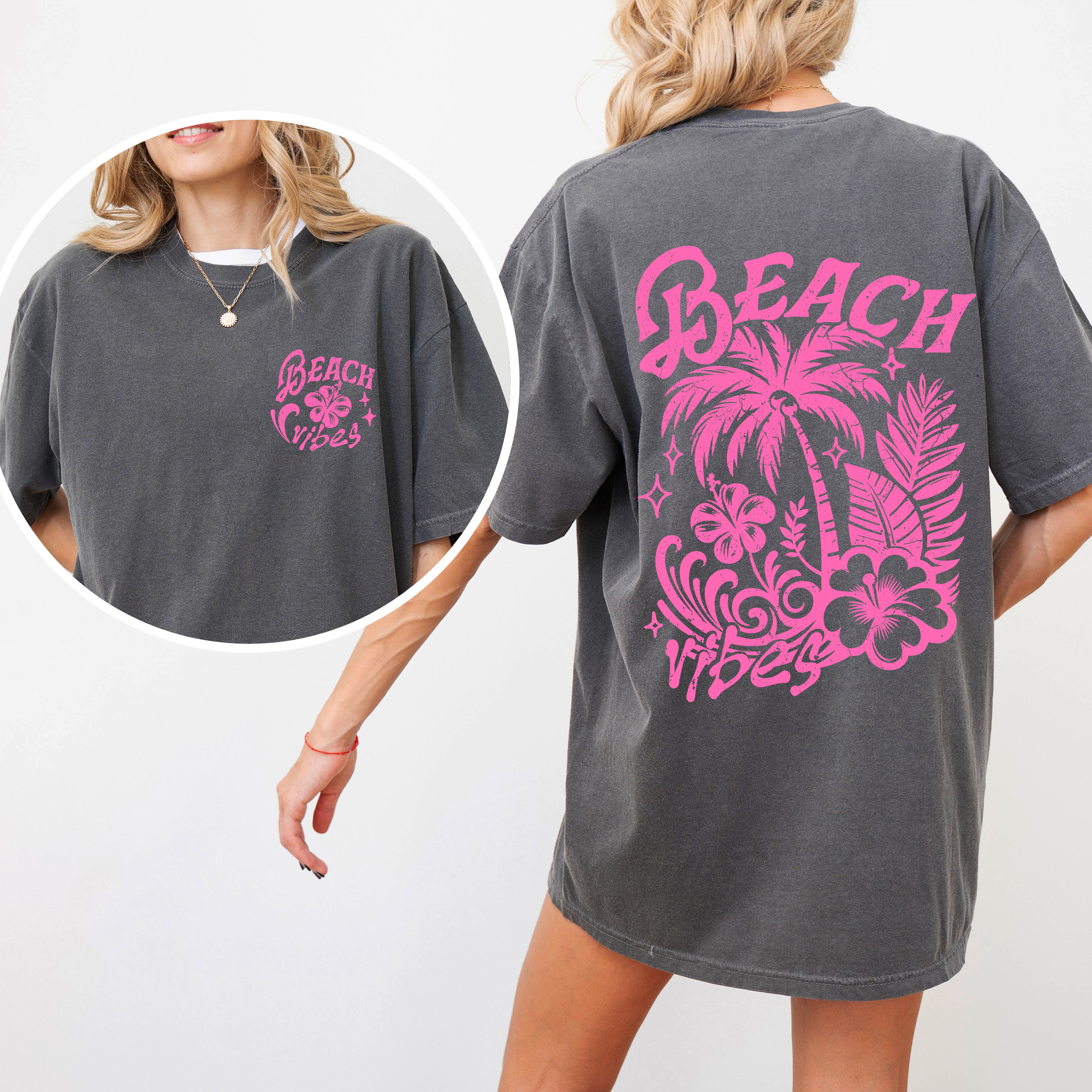 Beach Vibes Floral Hibiscus Retro Summer Front And Back Print Comfort Colors Tee