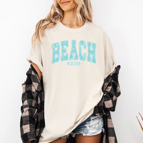 Beach Vibes Varsity Retro Palm Trees Summer Sunset Surfboard Breeze Comfort Colors Tee