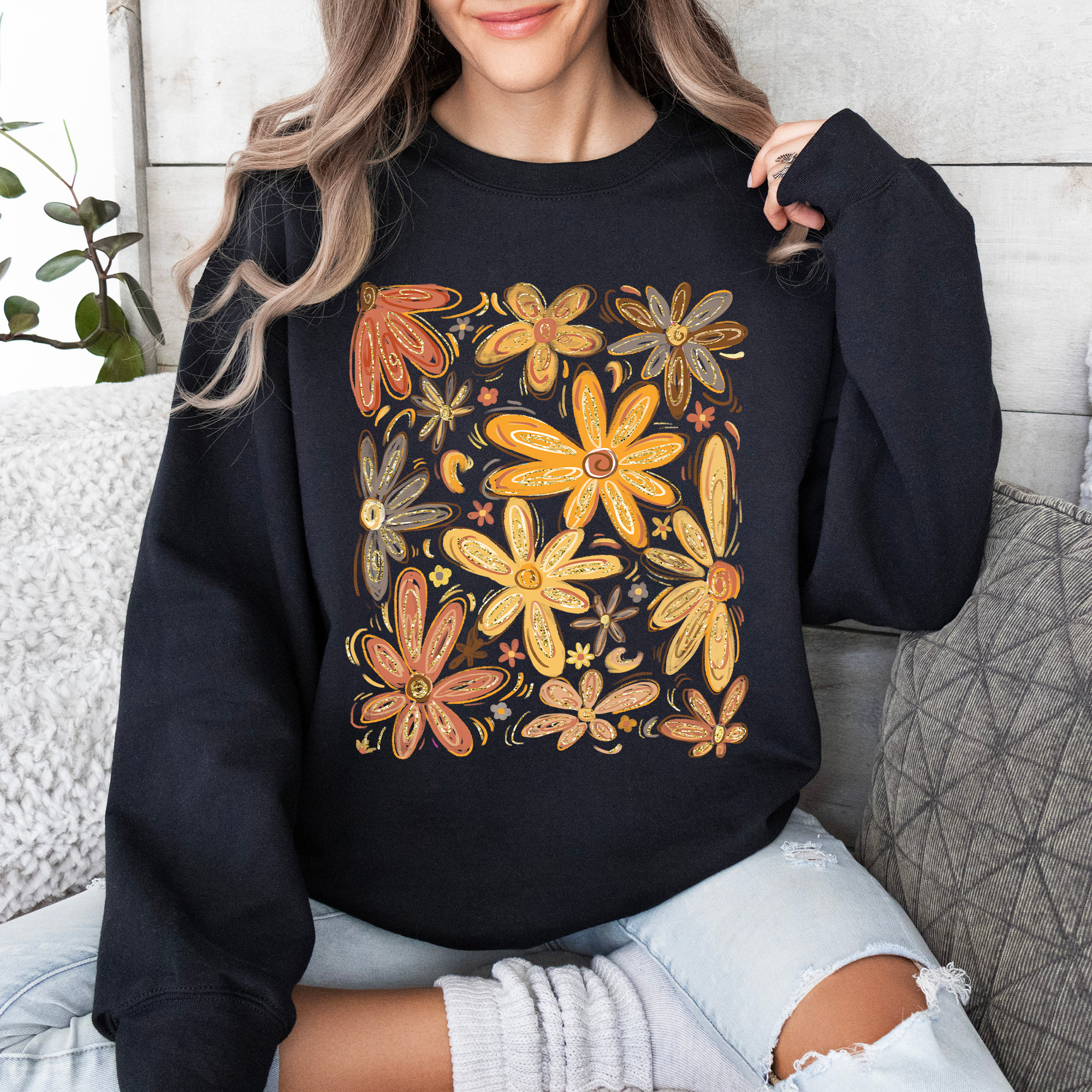 Beautiful Autumn Flowers Watercolor Floral Fall Garden Scene With Vintage Charm Sweatshirt