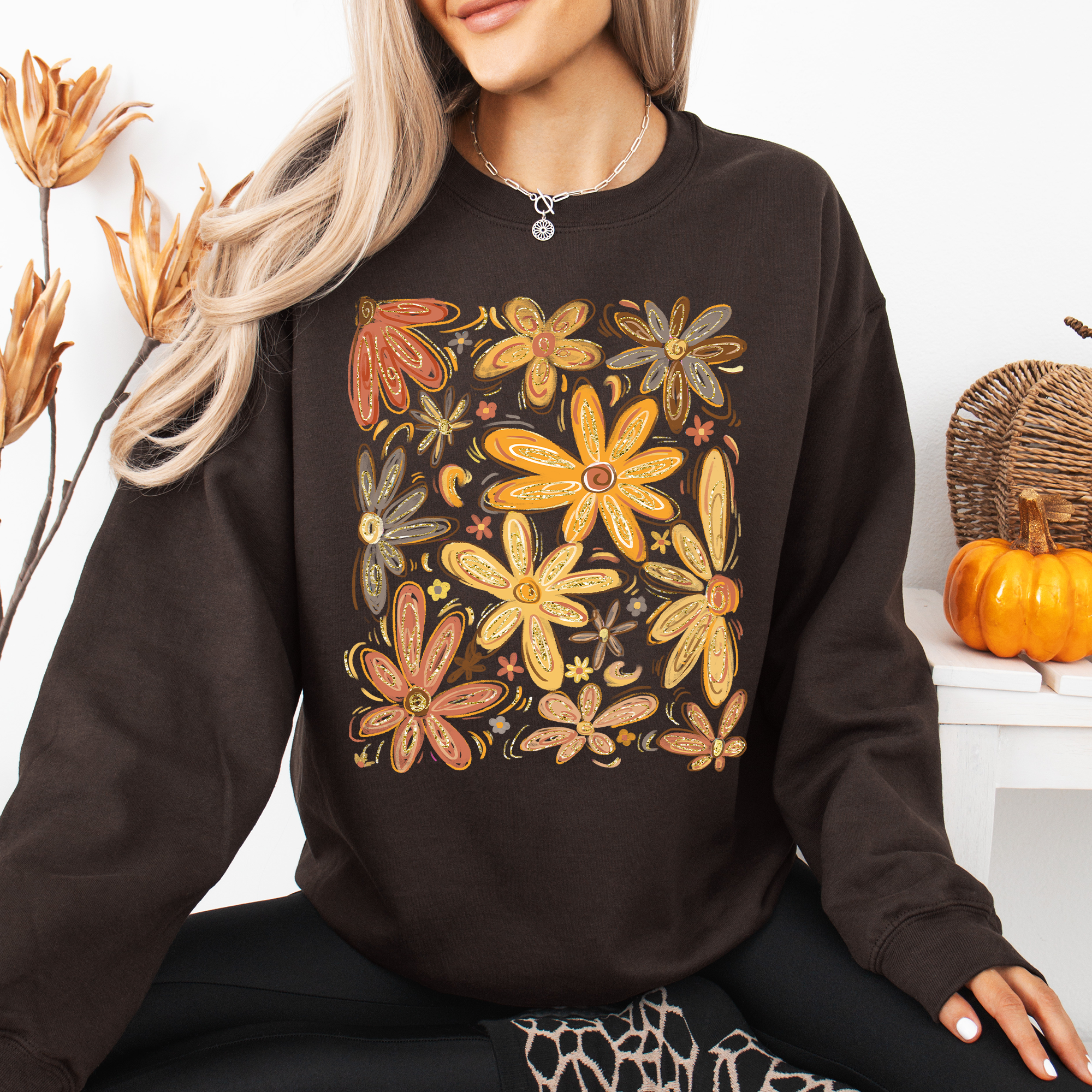 Beautiful Autumn Flowers Watercolor Floral Fall Garden Scene With Vintage Charm Sweatshirt