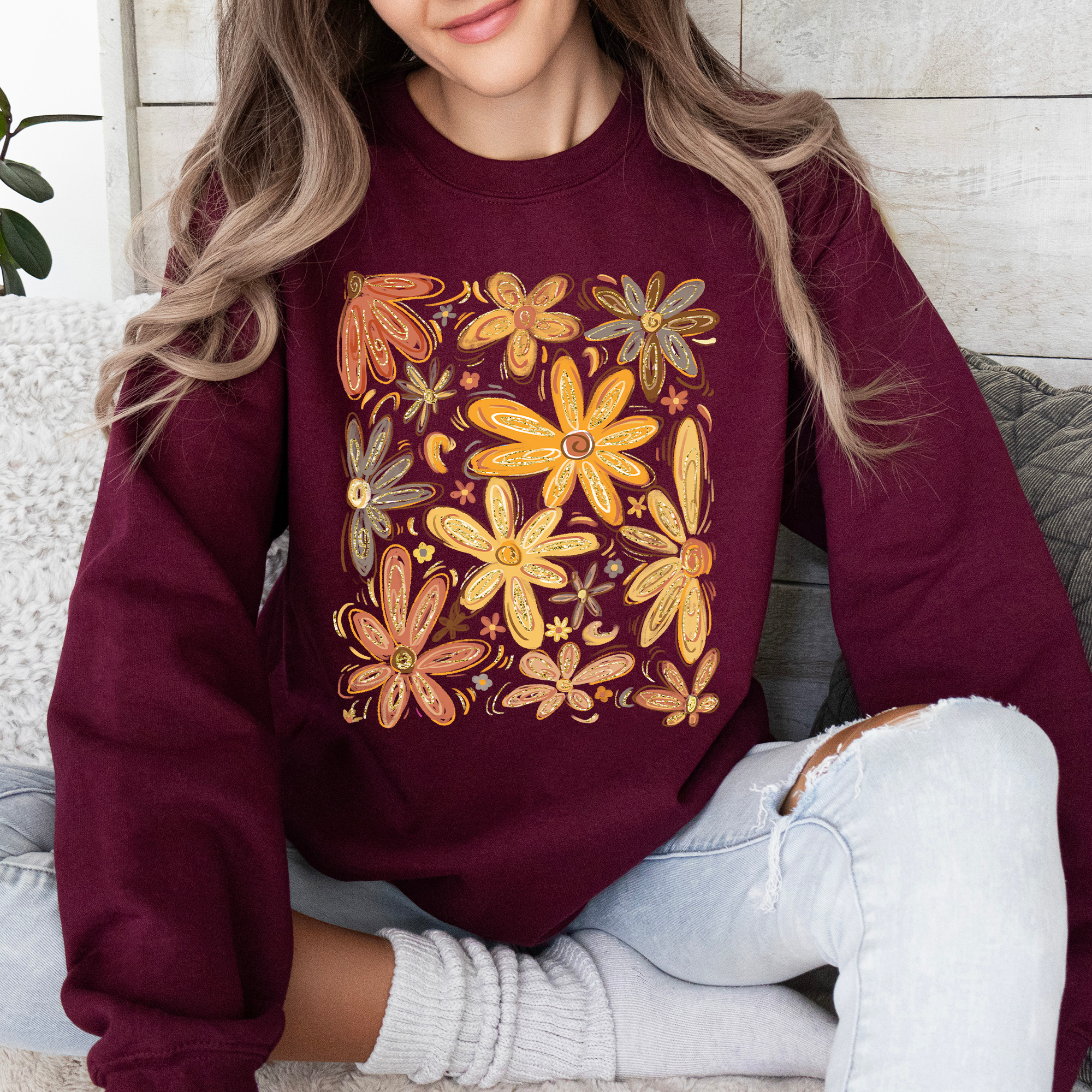 Beautiful Autumn Flowers Watercolor Floral Fall Garden Scene With Vintage Charm Sweatshirt