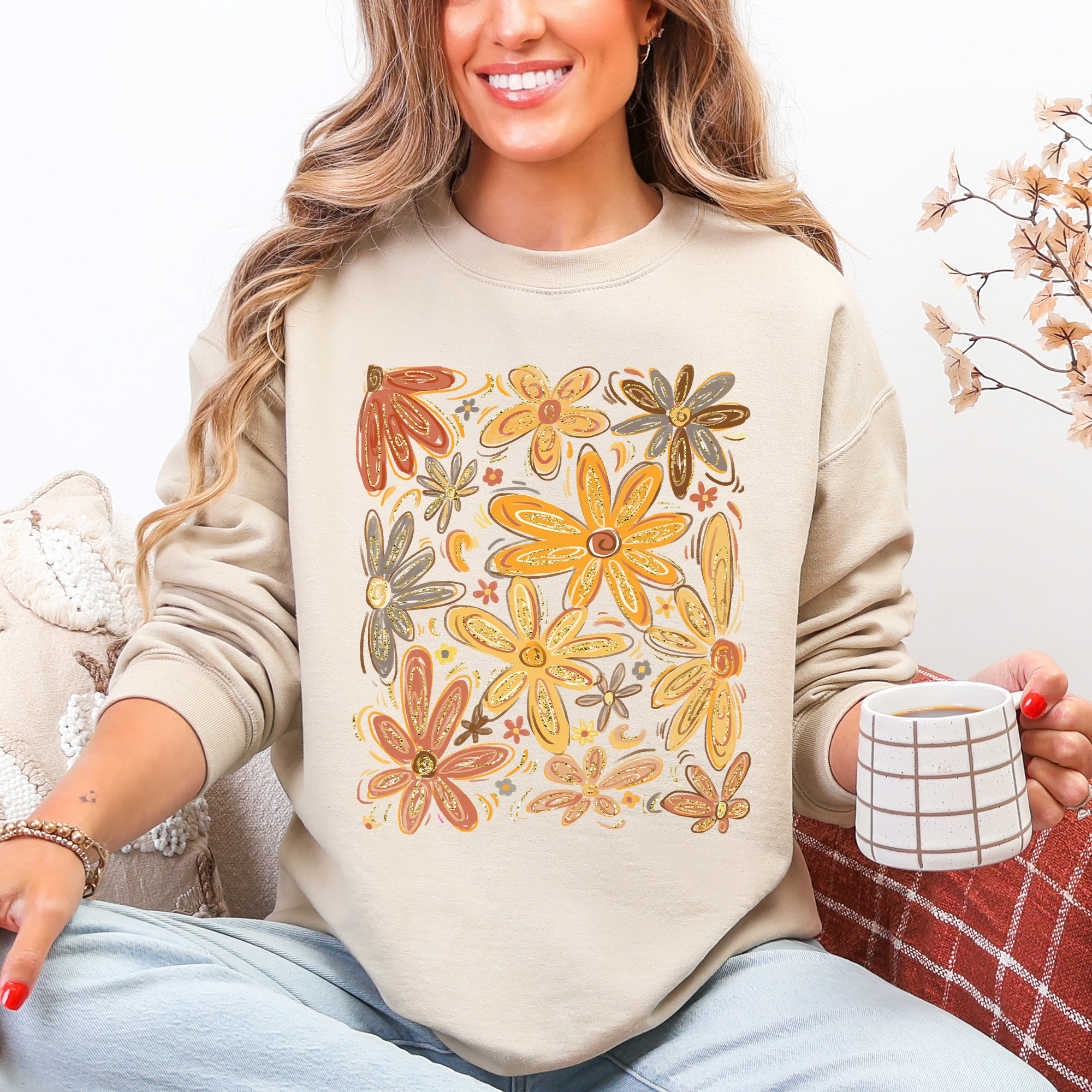 Beautiful Autumn Flowers Watercolor Floral Fall Garden Scene With Vintage Charm Sweatshirt