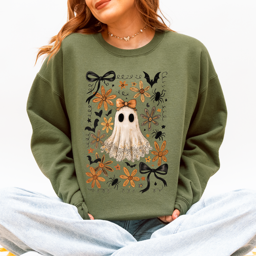 Beautiful Halloween, Bows, Bats, Flowers Boho Vintage Cozy Autumn Graphic Sweatshirt