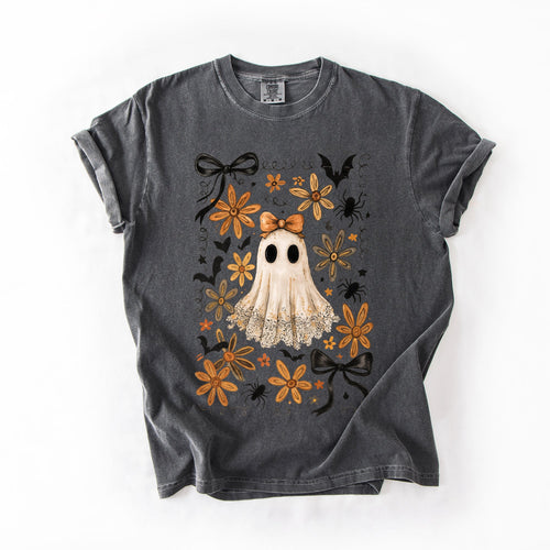 Beautiful Halloween Bows Bats Flowers Festive Gothic Motif Halloween Night Themed Comfort Colors Tee