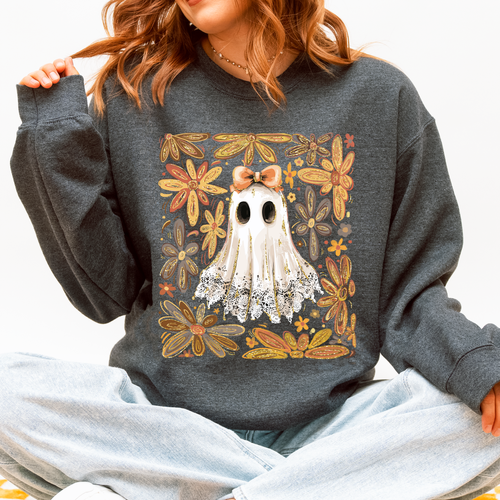Beautiful Halloween Flowers Coquette Ghost Cozy Night Garden Illustration Sweatshirt