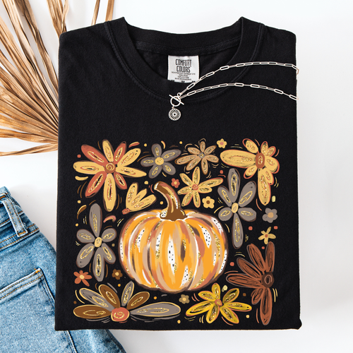 Beautiful Pumpkin Autumn Flowers Fall Floral Watercolor Vintage Inspired Comfort Colors Tee