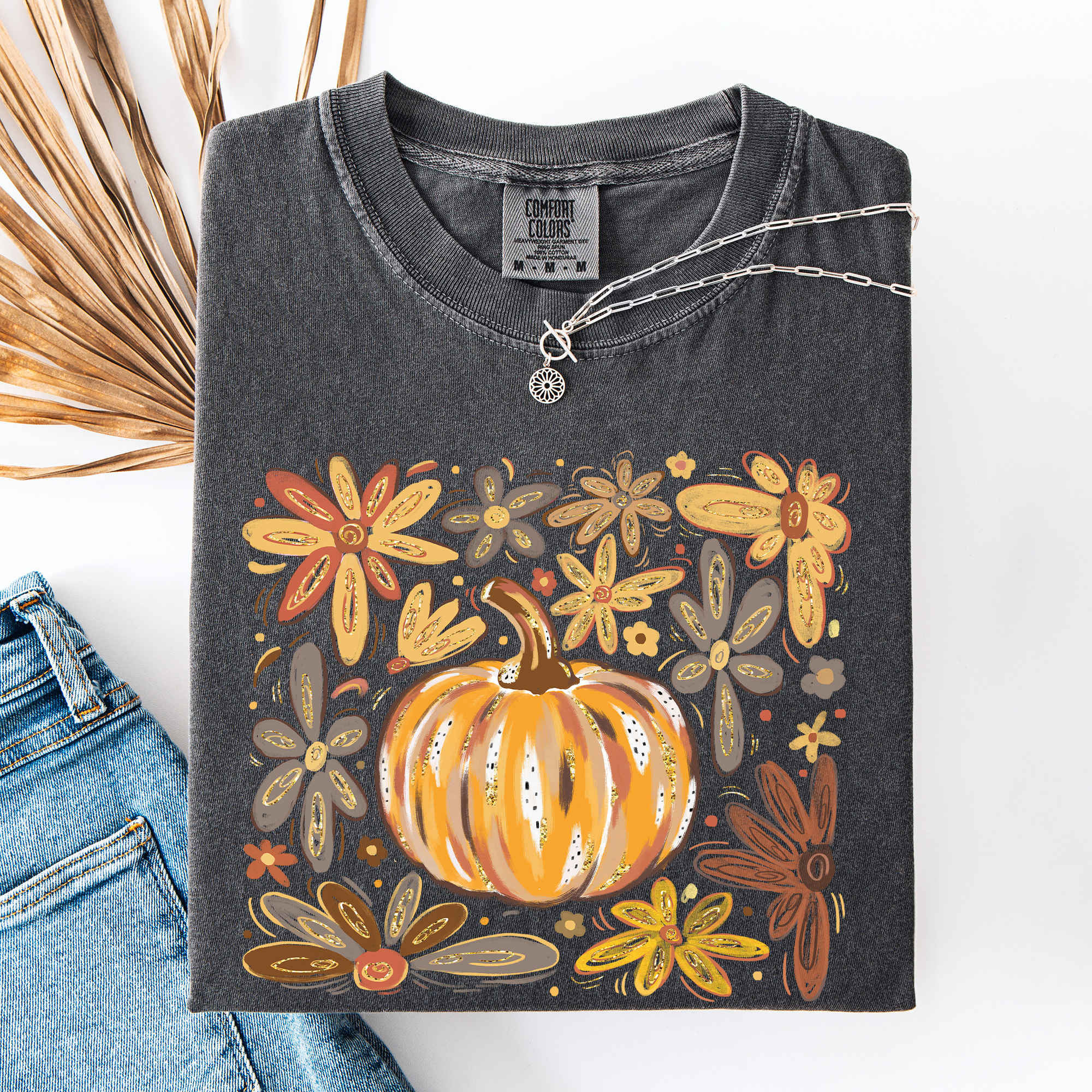 Beautiful Pumpkin Autumn Flowers Fall Floral Watercolor Vintage Inspired Comfort Colors Tee