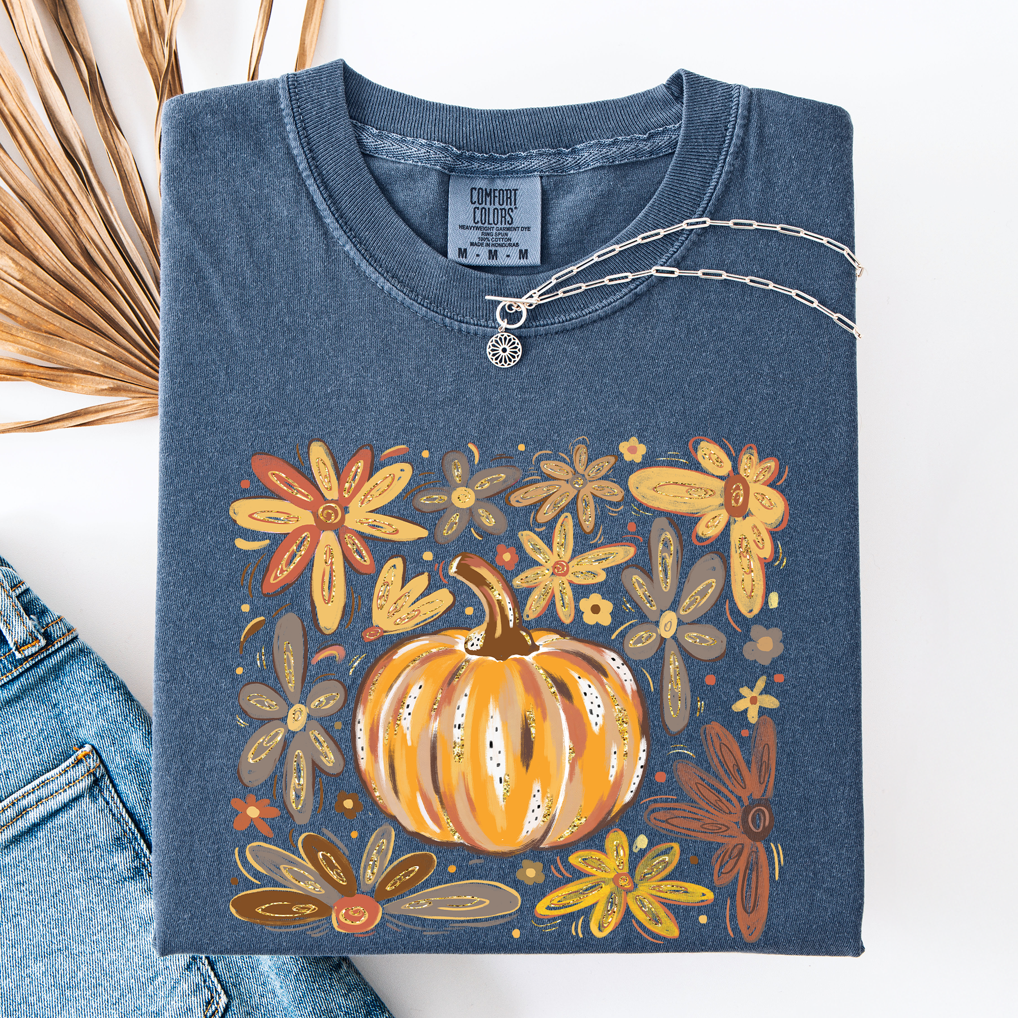 Beautiful Pumpkin Autumn Flowers Fall Floral Watercolor Vintage Inspired Comfort Colors Tee