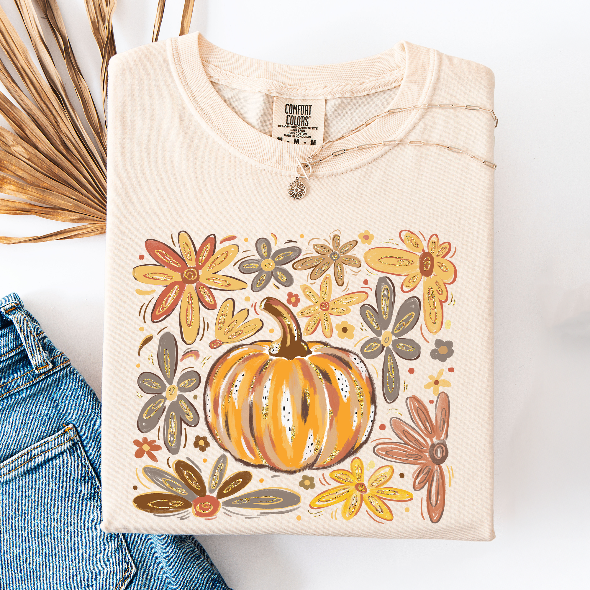 Beautiful Pumpkin Autumn Flowers Fall Floral Watercolor Vintage Inspired Comfort Colors Tee