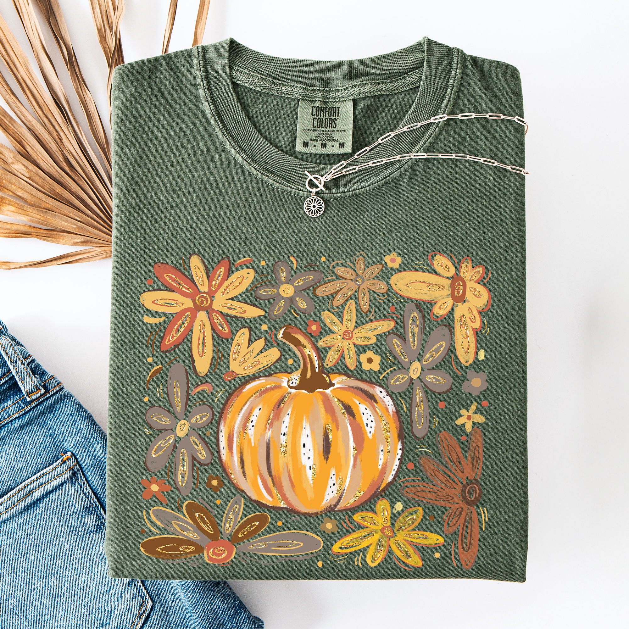 Beautiful Pumpkin Autumn Flowers Fall Floral Watercolor Vintage Inspired Comfort Colors Tee