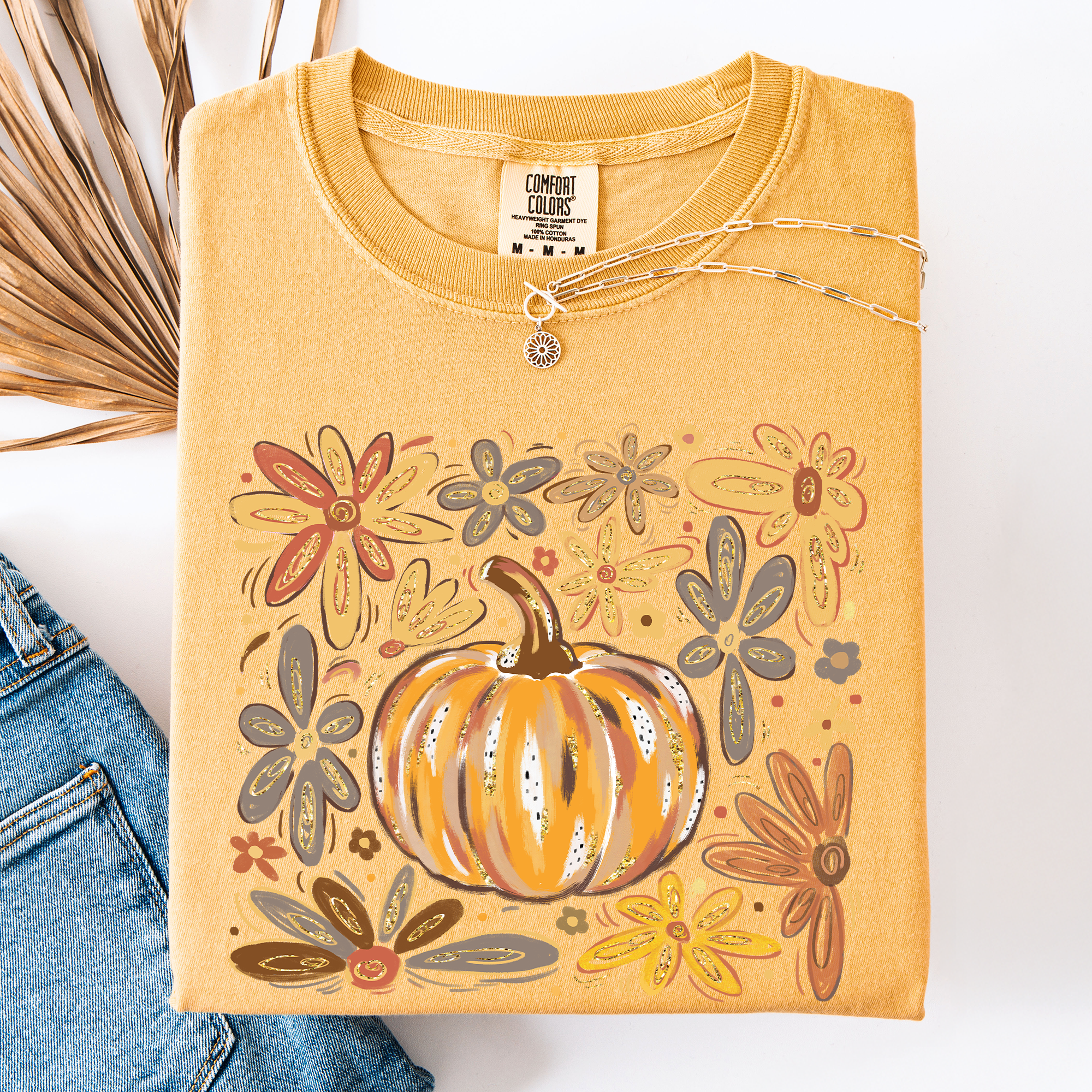 Beautiful Pumpkin Autumn Flowers Fall Floral Watercolor Vintage Inspired Comfort Colors Tee