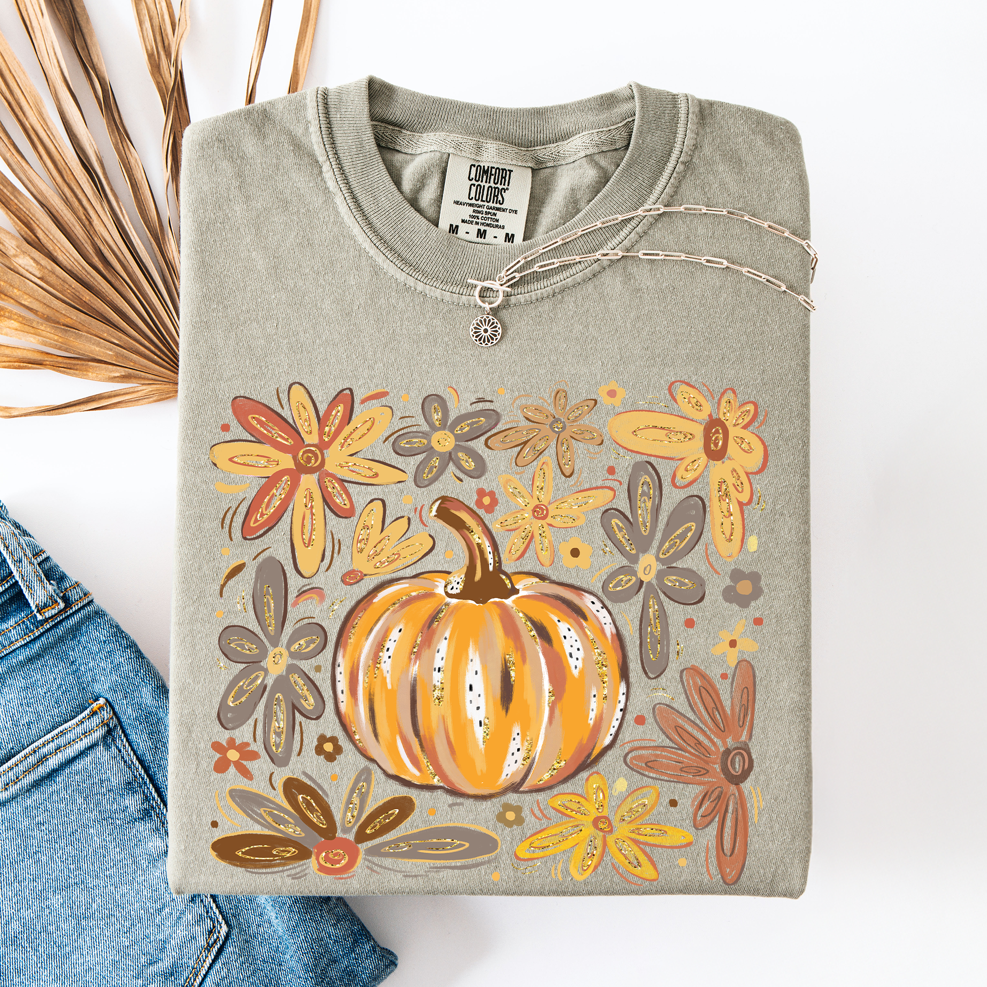 Beautiful Pumpkin Autumn Flowers Fall Floral Watercolor Vintage Inspired Comfort Colors Tee