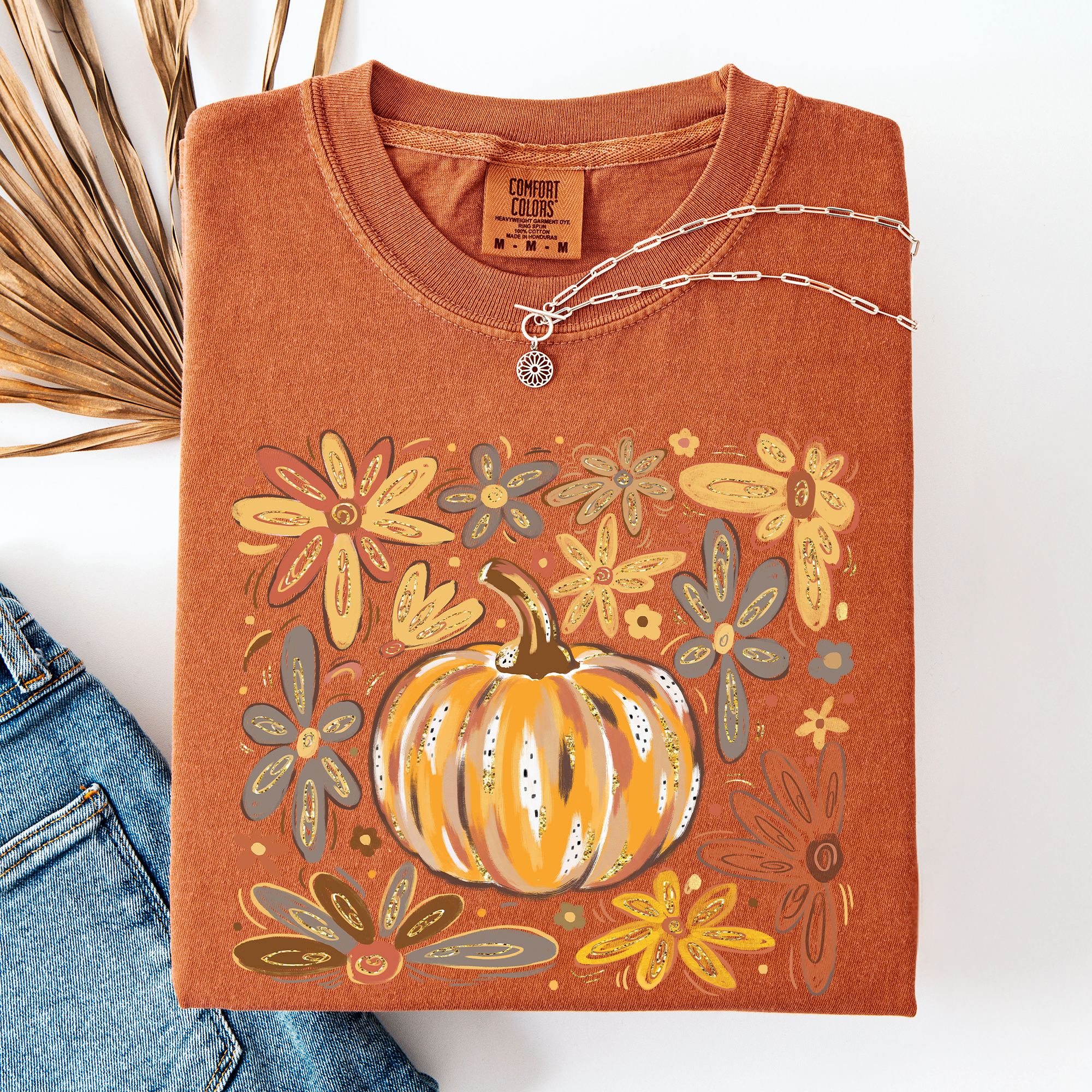 Beautiful Pumpkin Autumn Flowers Fall Floral Watercolor Vintage Inspired Comfort Colors Tee