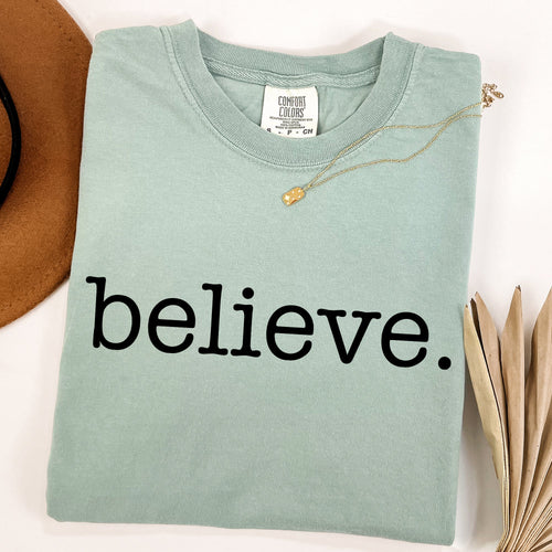Believe Christmas Minimalist Holiday Santa Xmas Snow Winter Cozy Comfort Colors Tee