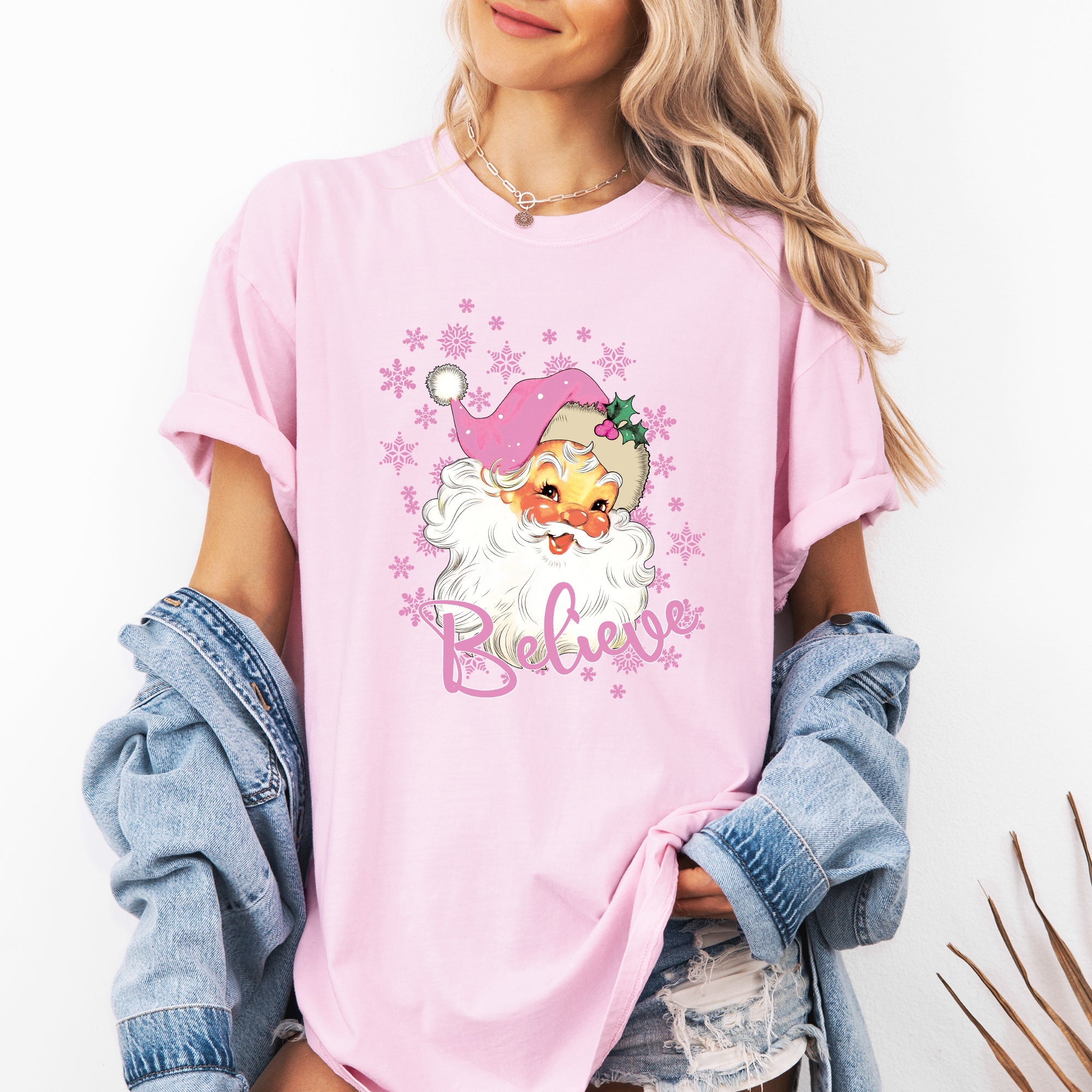 Believe Santa Snowflakes Christmas Winter Holiday Joy And Peace Cozy Vintage Inspired Comfort Colors Tee
