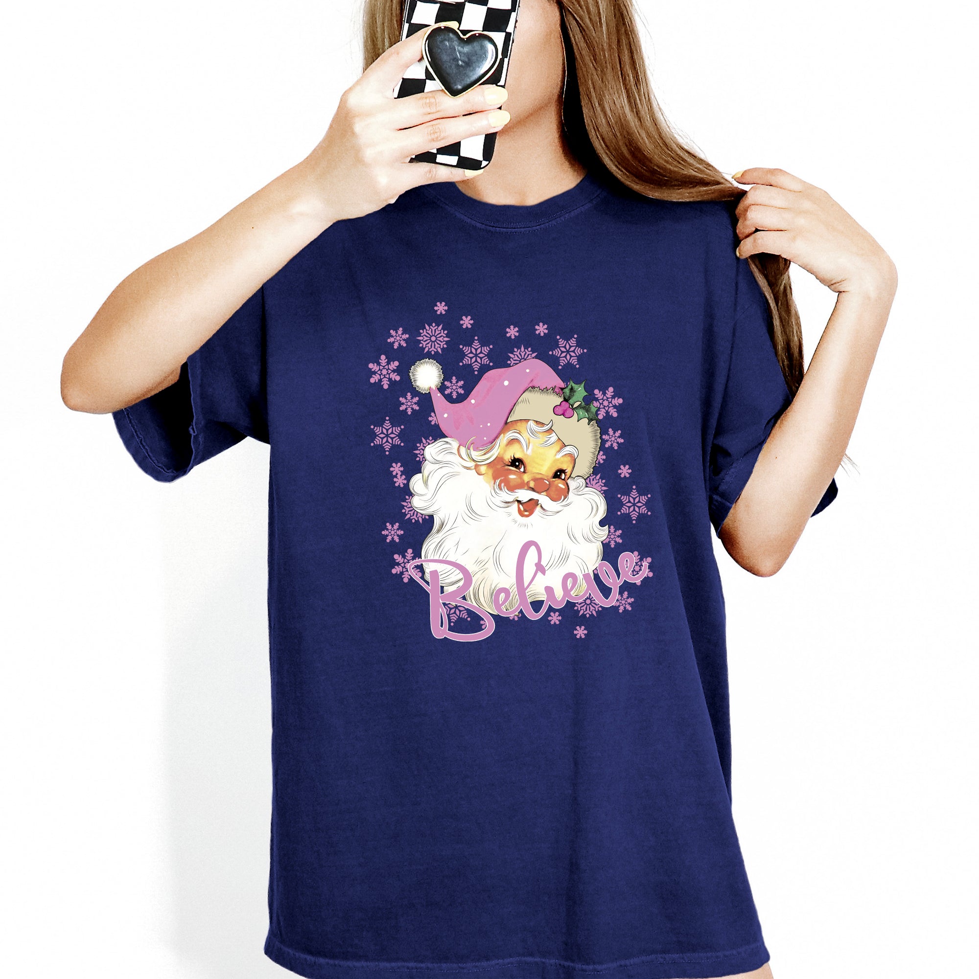 Believe Santa Snowflakes Christmas Winter Holiday Joy And Peace Cozy Vintage Inspired Comfort Colors Tee
