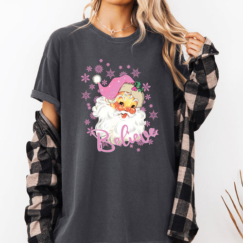 Believe Santa Snowflakes Christmas Winter Holiday Joy And Peace Cozy Vintage Inspired Comfort Colors Tee
