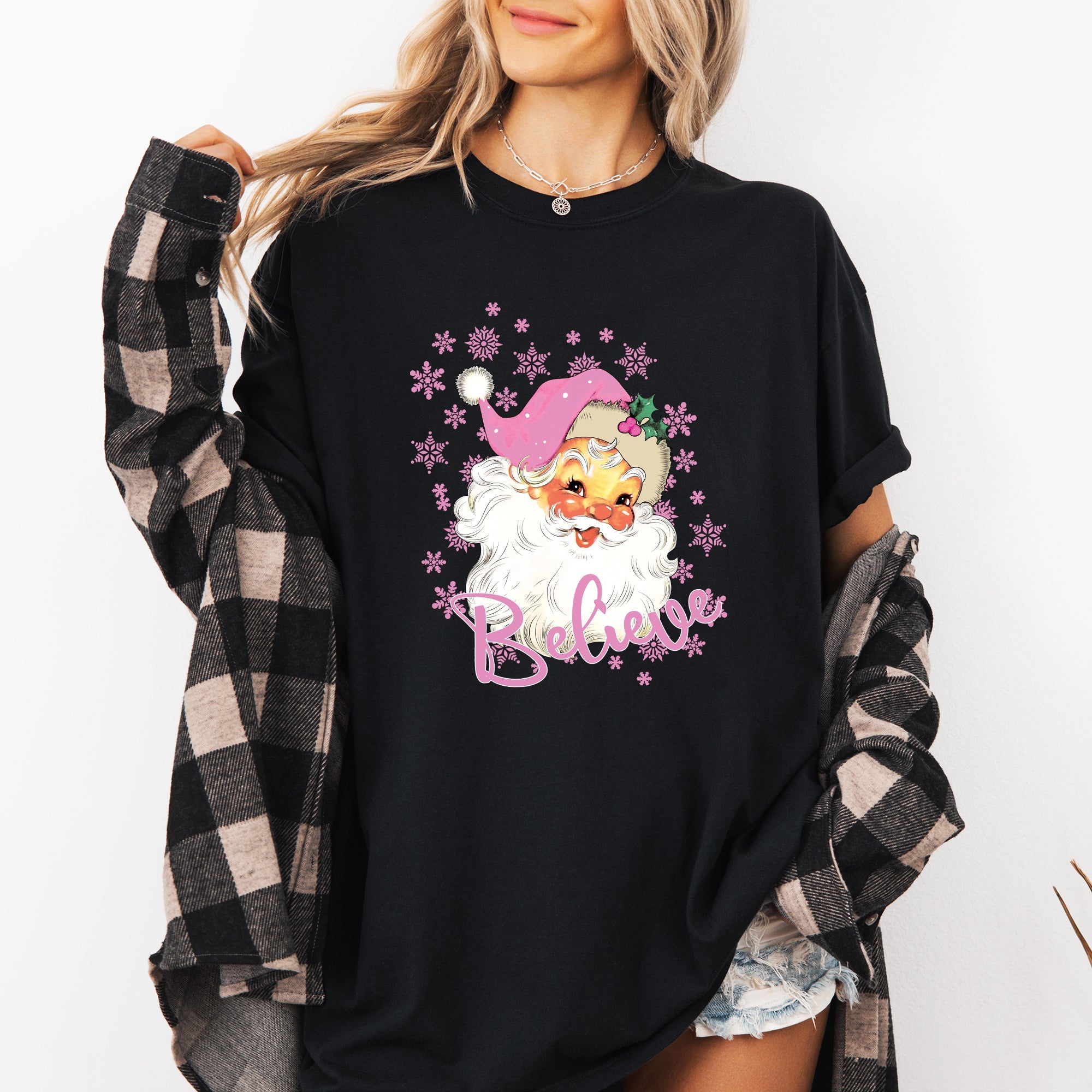 Believe Santa Snowflakes Christmas Winter Holiday Joy And Peace Cozy Vintage Inspired Comfort Colors Tee