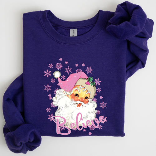Believe Pink Santa Snowflakes Christmas Winter Snow Xmas Graphic Sweatshirt Cozy Holiday Style