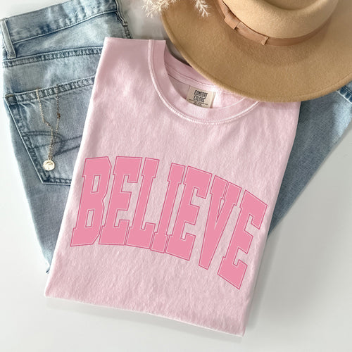 Believe Varsity Collegiate Christmas Santa Winter Xmas Classic Comfort Colors Tee