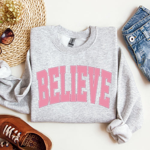 Believe Varsity Collegiate Christmas Santa Winter Xmas Festive Holiday Cheer Sweatshirt
